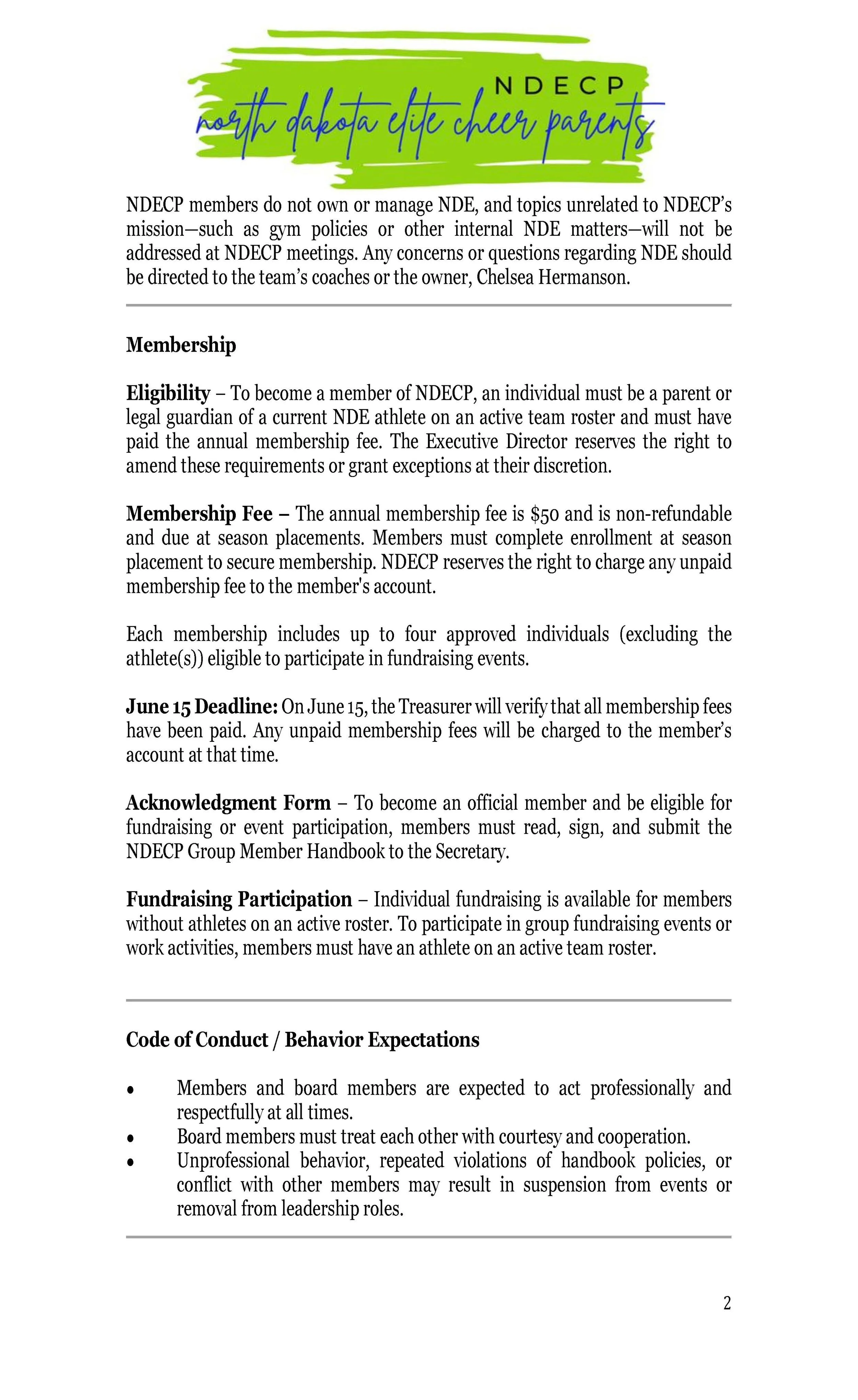 Document header with green and blue branding and handwritten text related to North Dakota Elite Cheer Parents, followed by text detailing membership eligibility, fees, and conduct expectations.