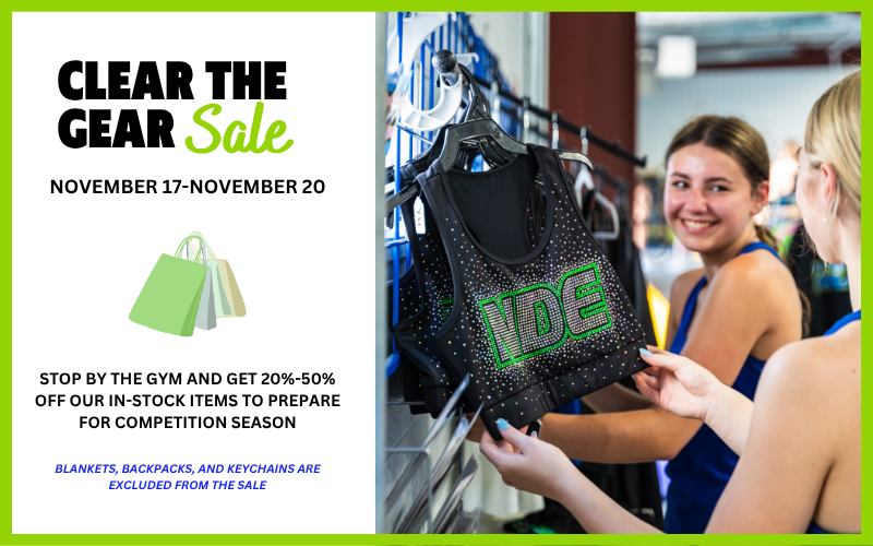 A gym gear sale poster with a green border, displaying a picture of two women shopping for workout clothes, and a black athletic tank top with 'NDE' in green and rhinestones hanging on a rack.