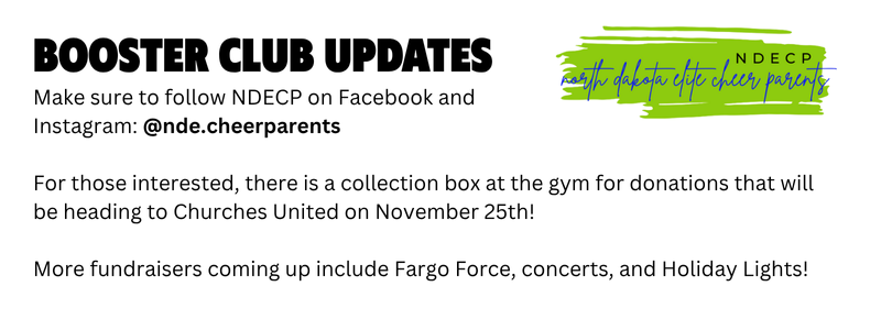 A digital flyer titled 'Booster Club Updates' with social media handles, details about donation collection boxes at the gym for Churches United, and upcoming fundraisers including Fargo Force games, concerts, and Holiday Lights, with a green and blue
