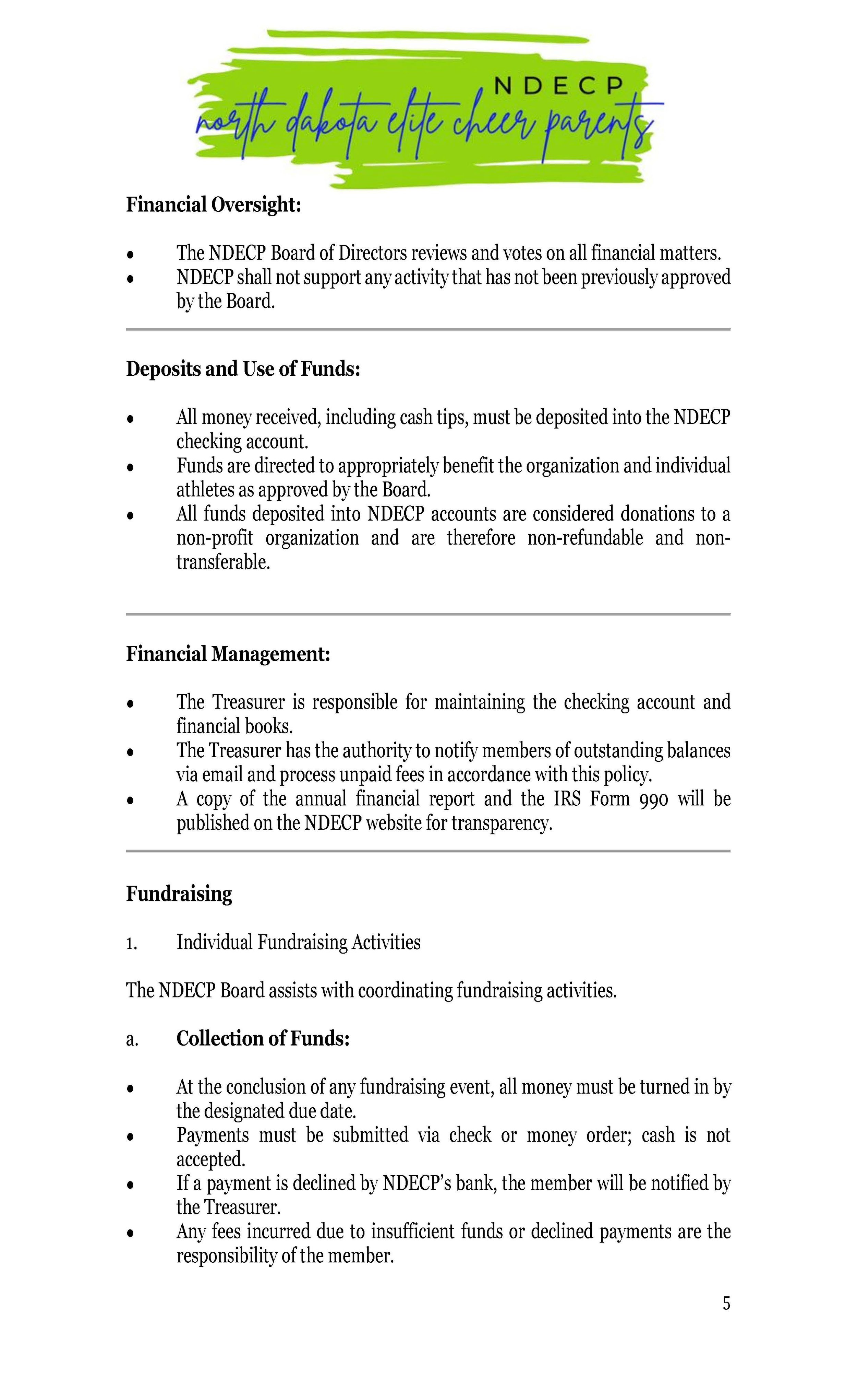 Document from North Dakota Elite Cheer Parents (NDECP) outlining financial oversight, deposits and use of funds, financial management, fundraising, and collection of funds policies.