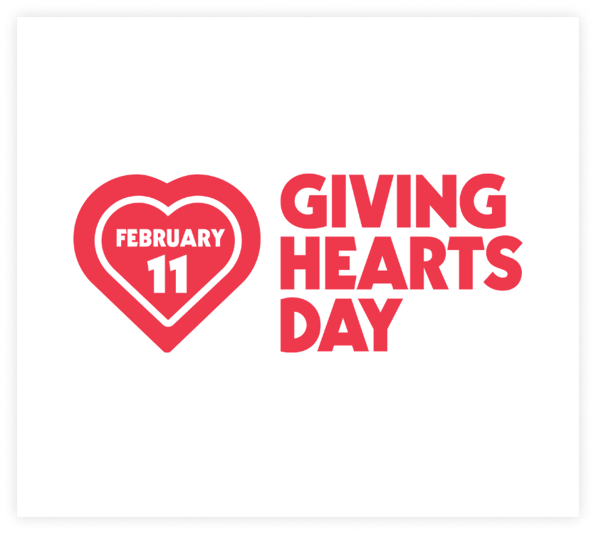 A graphic design celebrating Valentine's Day with a red heart containing the date February 11 and the text 'Giving Hearts Day' next to it.