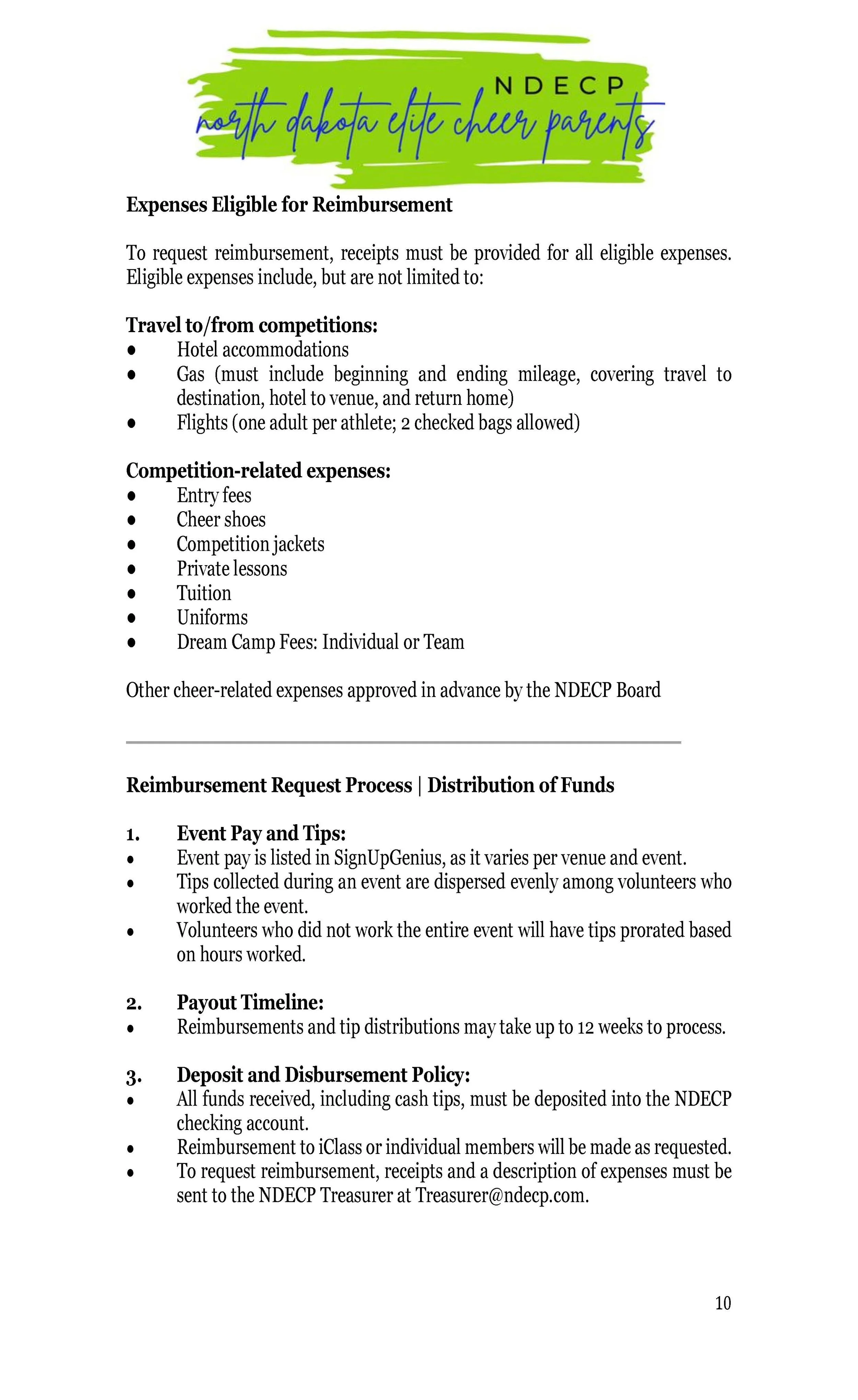 A document from North Dakota Elite Cheer Parents (NDECP) listing guidelines for expense reimbursement, including eligible expenses, process, payout timeline, and policies.