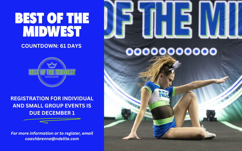 Poster advertising Best of the Midwest cheerleading event with a countdown of 61 days and registration deadline of December 1, featuring a young girl performing cheer stunt on stage.