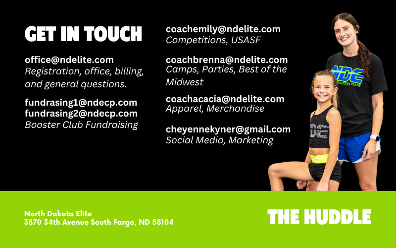 Contact information for North Dakota Elite Gymnastics team, including emails for registration, fundraising, and marketing. A smiling woman in athletic gear stands next to a young girl in gymnastics attire, both smiling, against a background with blac