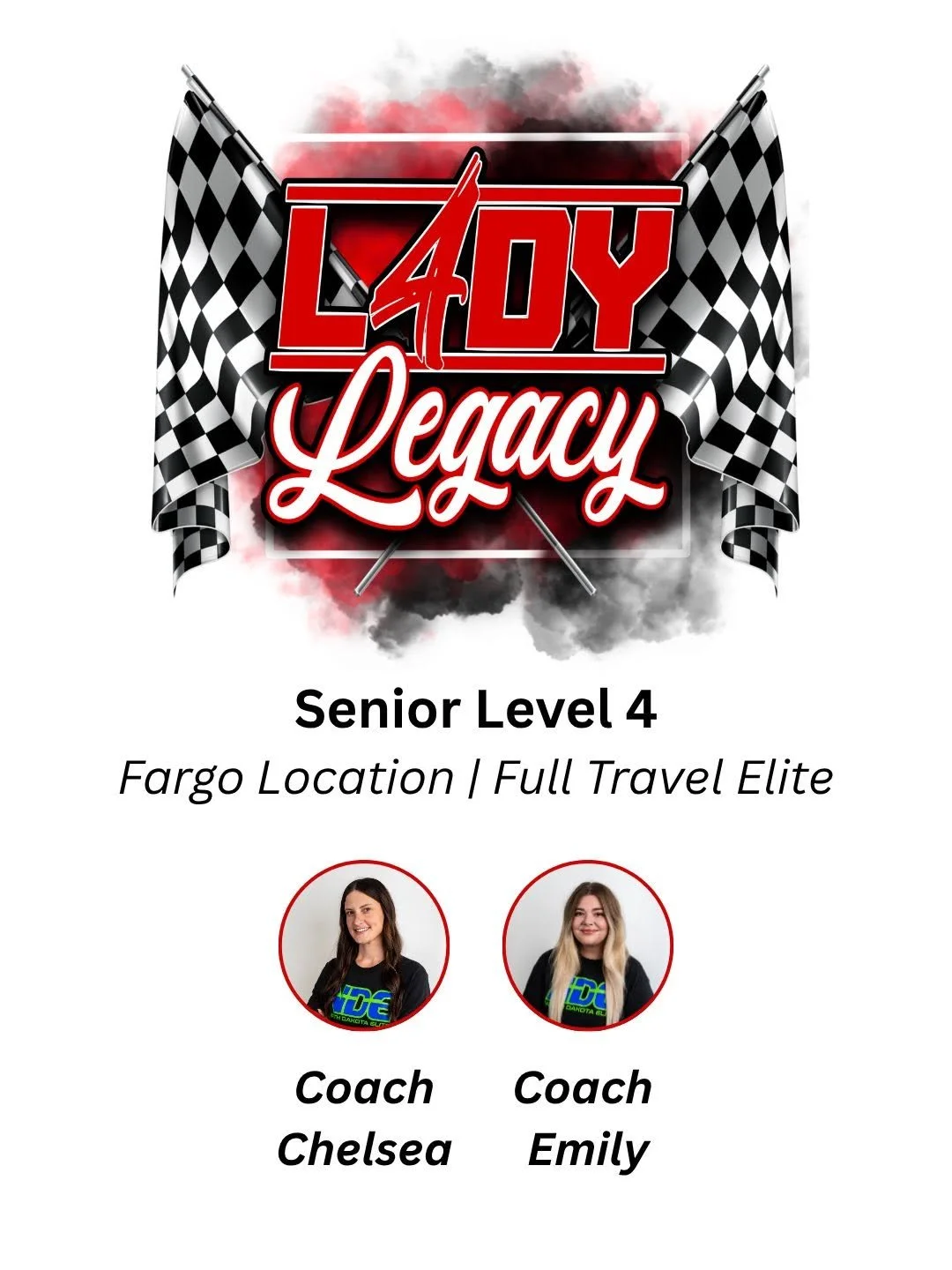 Lady Legacy racing event poster with checkered flags, bold red and white title text, and photos of two female coaches Chelsea and Emily.