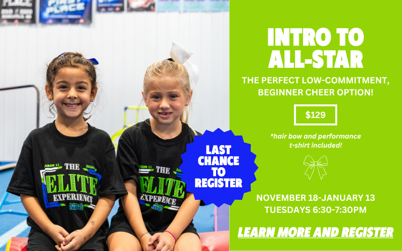 Two young girls sitting on gym equipment, smiling, wearing black T-shirts with green and blue text that reads "The Elite Experience" in a gym or sports facility.
