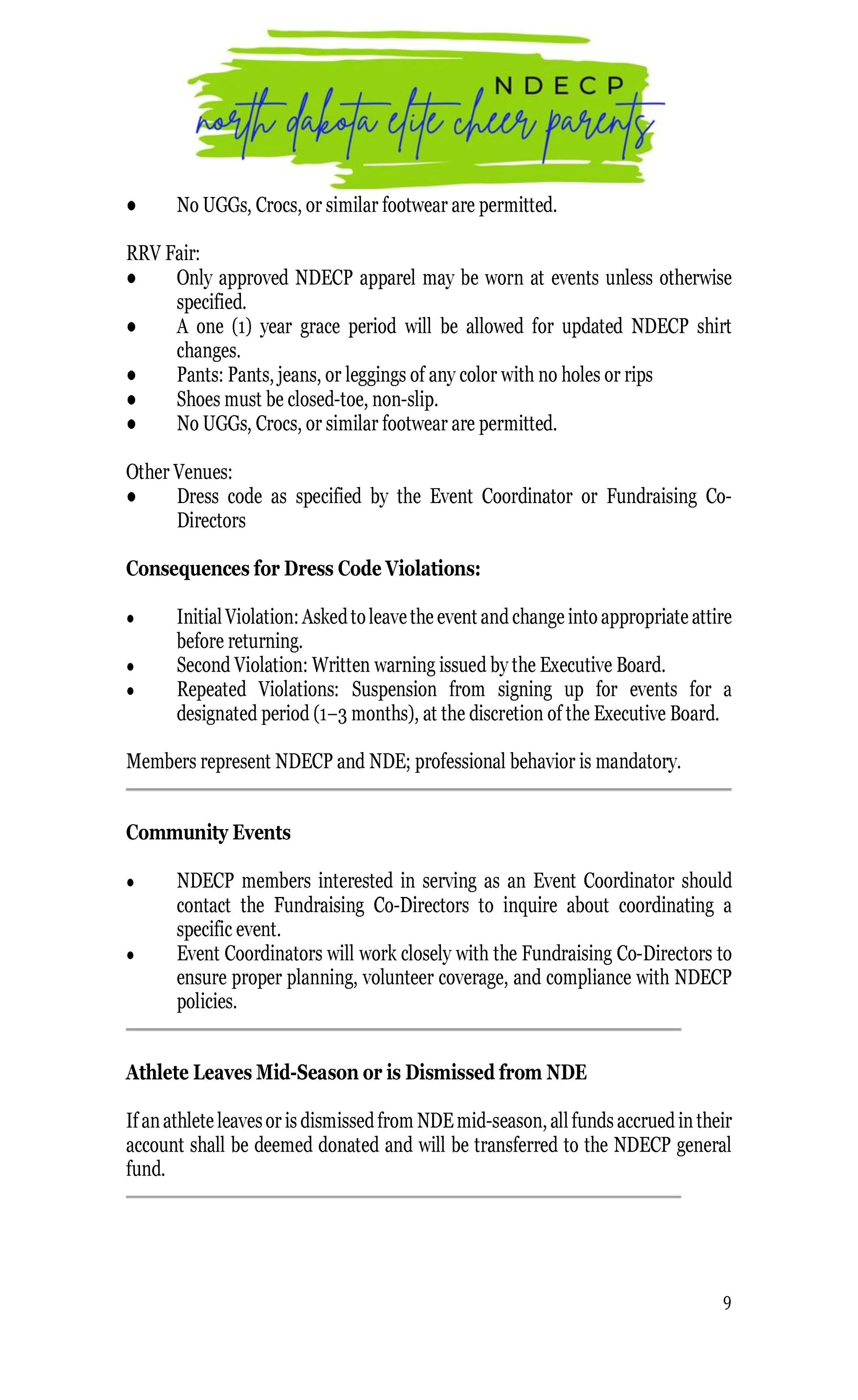 North Dakota Elk Elite Cheer Parents document with rules and guidelines for uniforms, dress code violations, community events, and athlete leave policies.