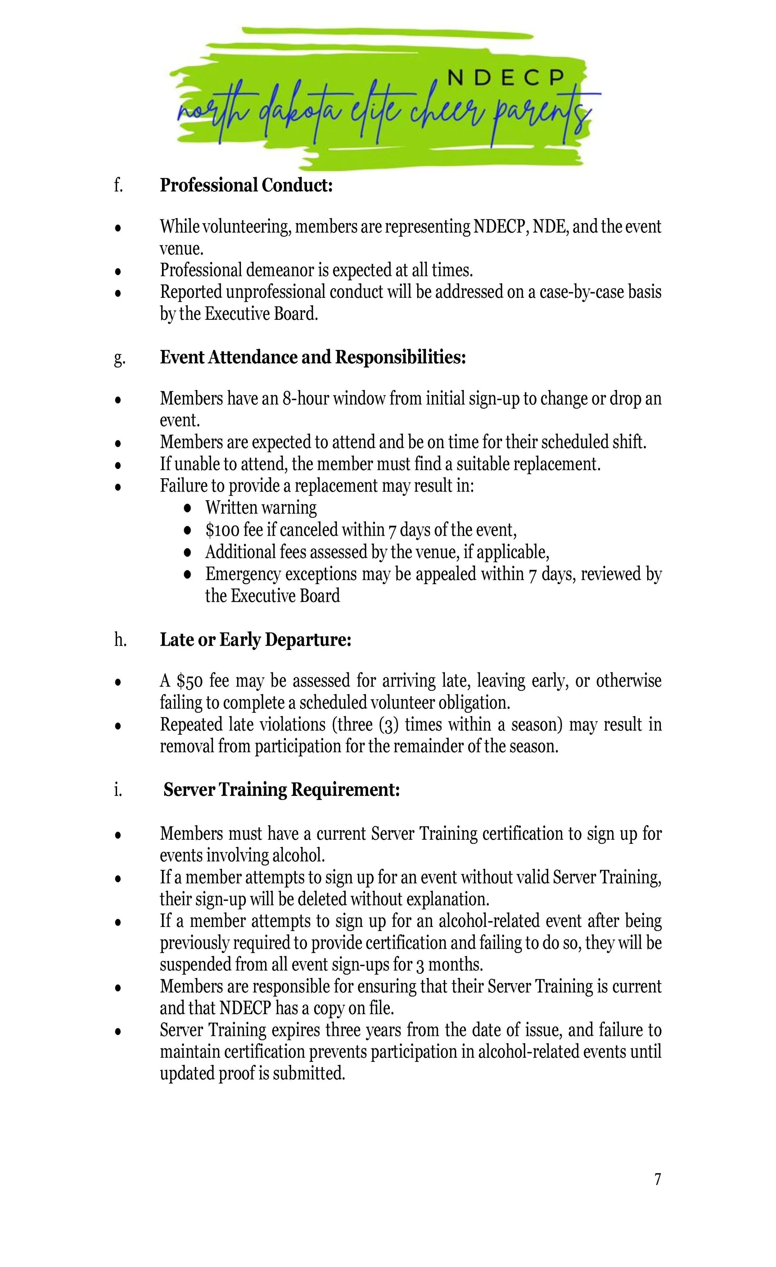 Official document with the header 'north dakota dite cheer parents' and text about professional conduct, event attendance, late or early departure, and server training requirements.