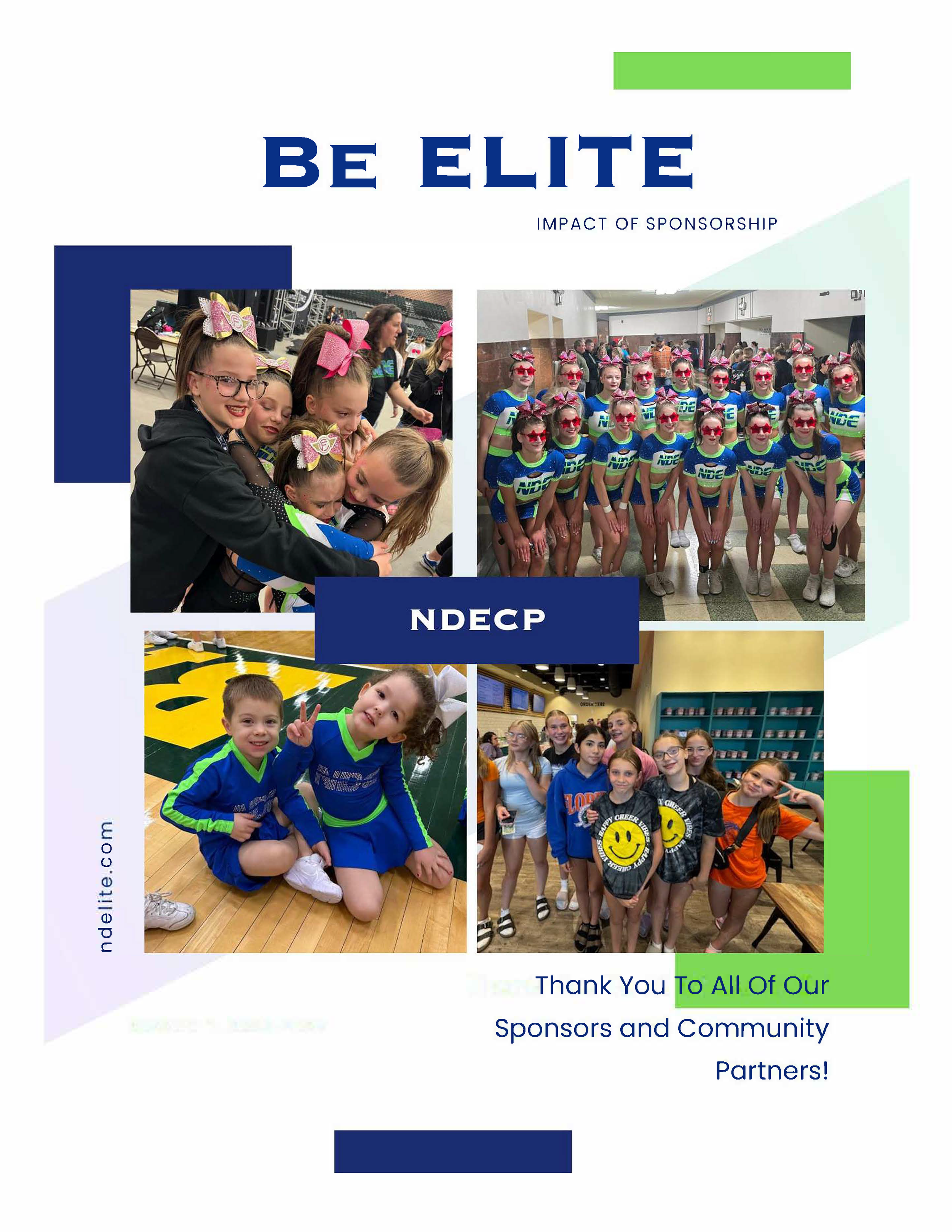 Collage of four photos of children and teens in cheerleading and sports uniforms, with a message thanking sponsors and community partners.