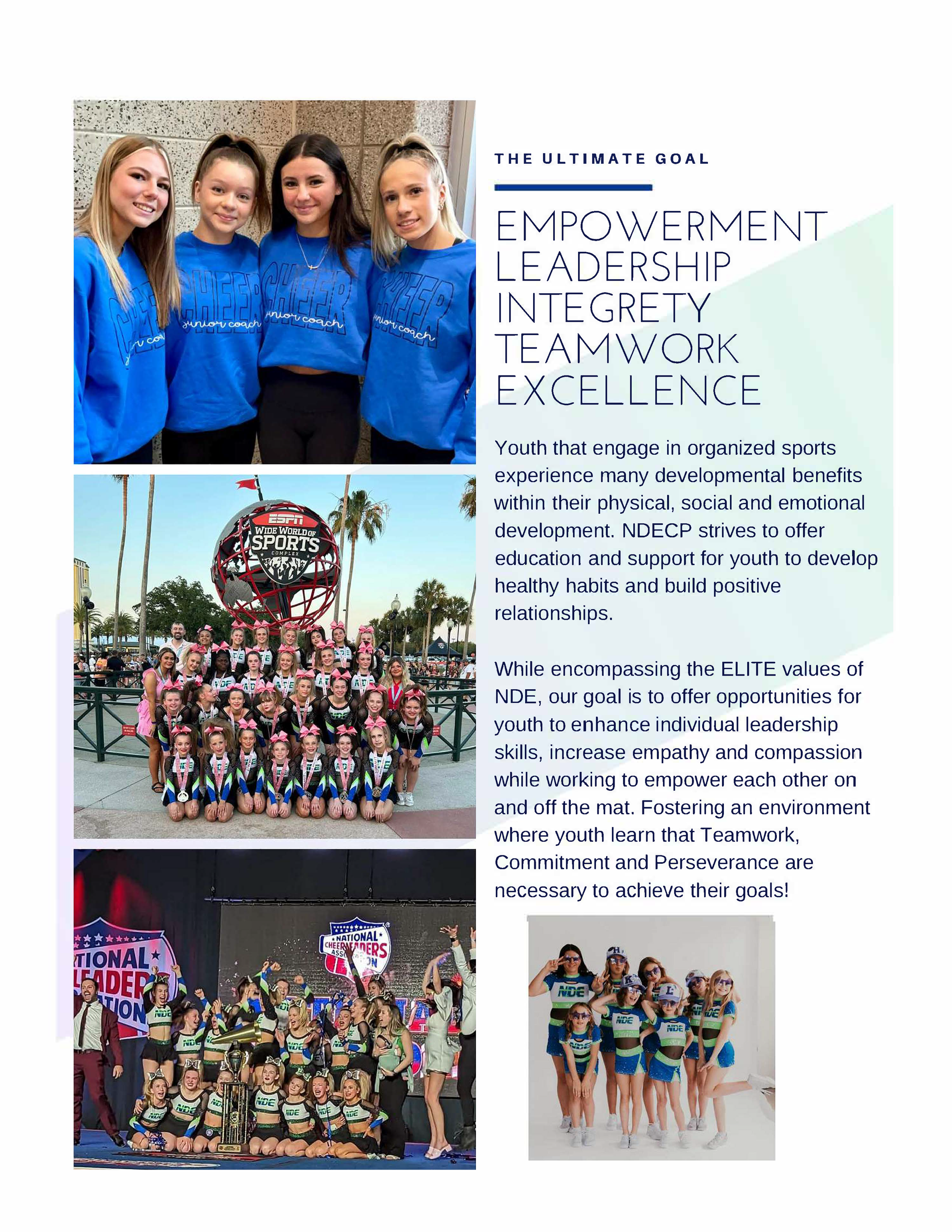 Collage of youth sports teams and cheerleaders with a text block about youth empowerment, leadership, integrity, teamwork, and excellence.