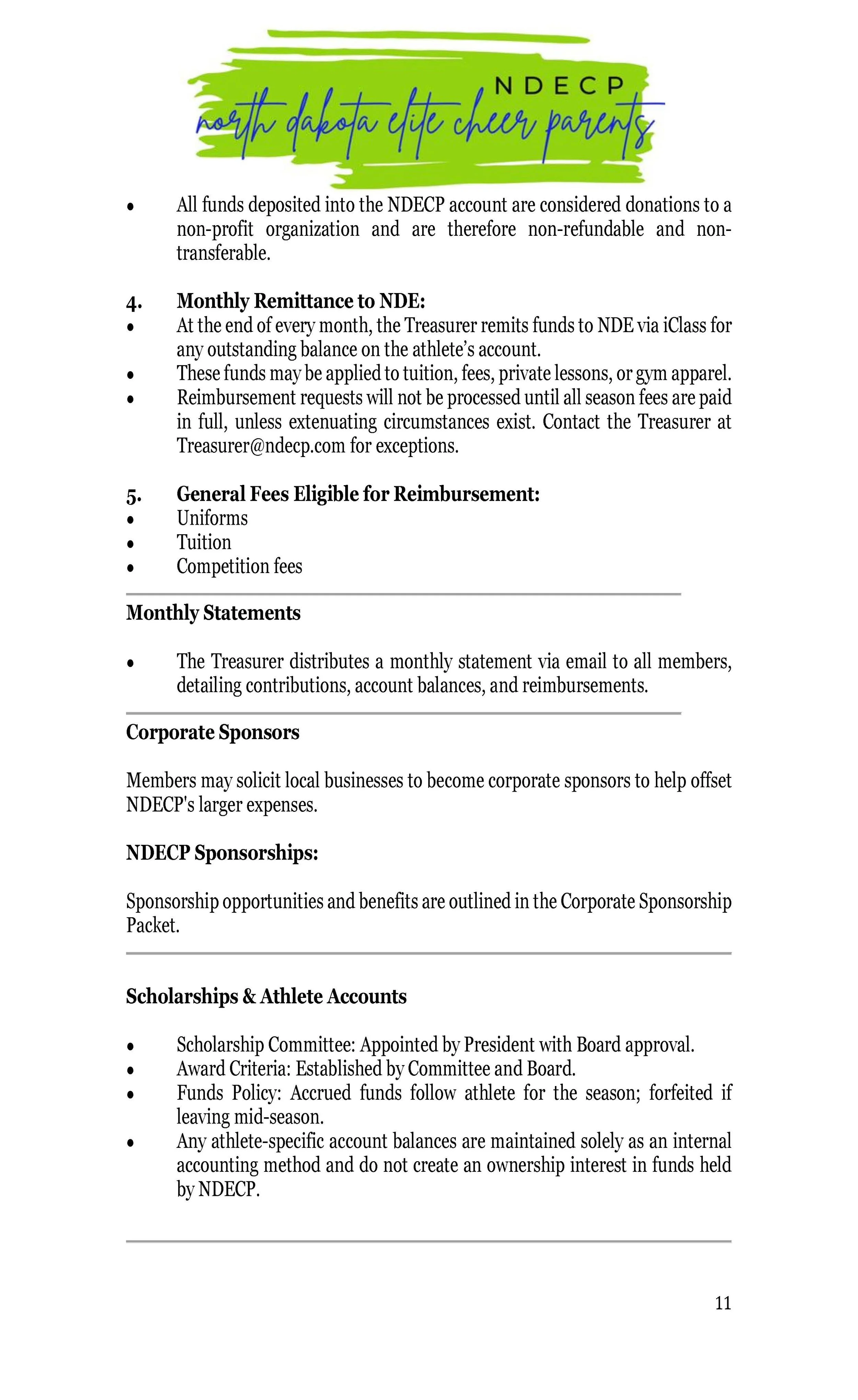Document outlining the policies and guidelines for North Dakota Elite Cheer Parents (NDECP), including financial contributions, reimbursements, sponsorship opportunities, and athlete accounts.