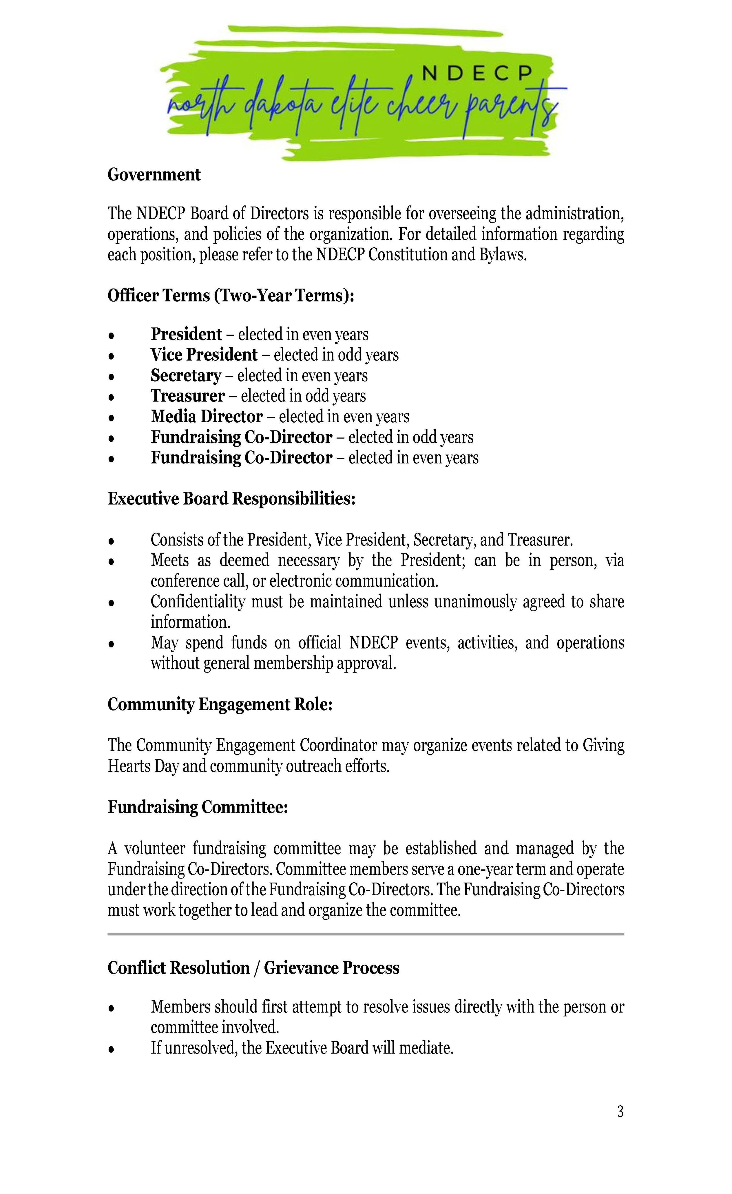 Document titled 'north dakota dil Legislative Youth Parents' with a logo at the top, discussing responsibilities and roles within the organization, including officer terms, executive board, community engagement, fundraising, and conflict resolution.