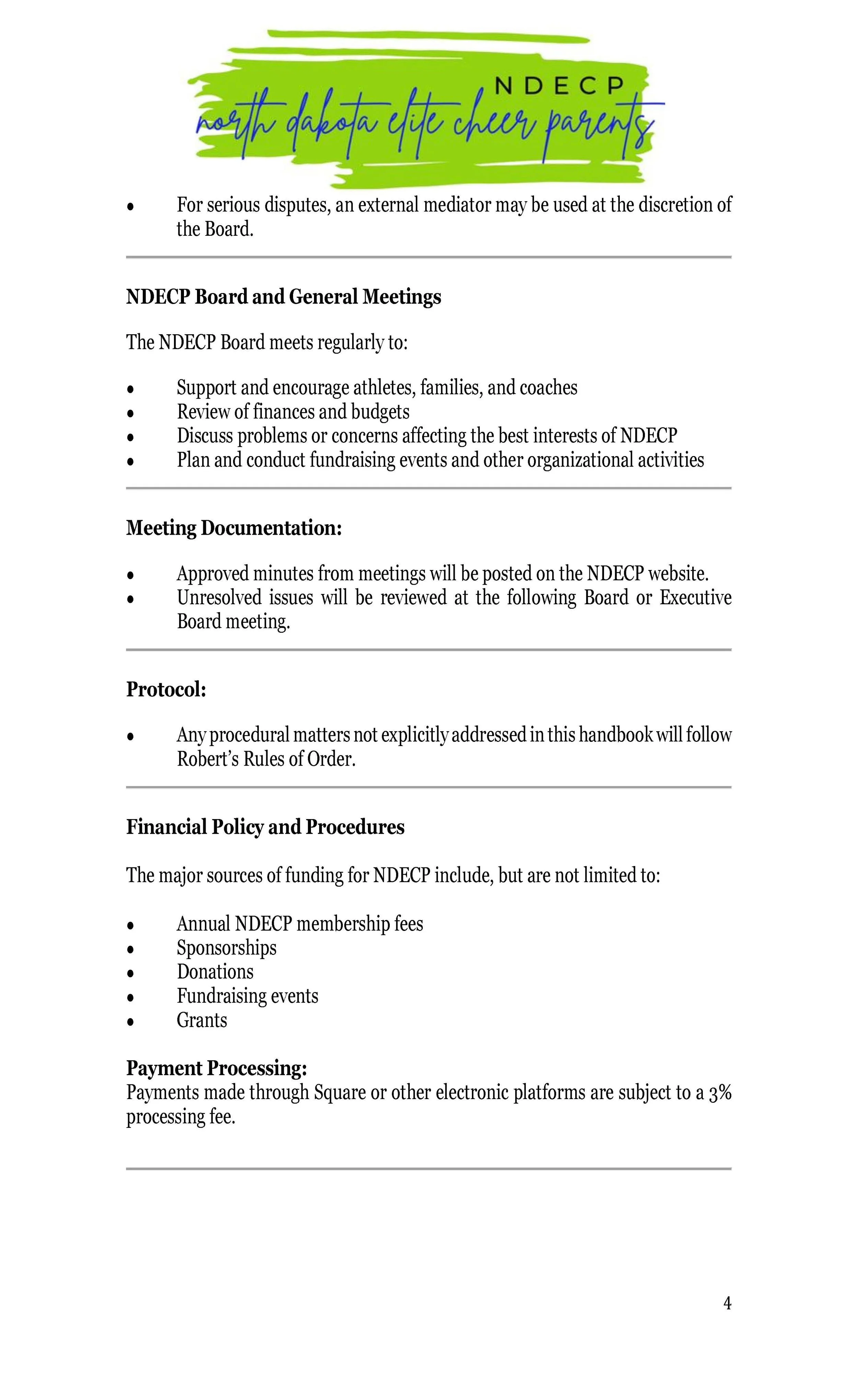 Document titled North Dakota Elite Cheer Parents (NDECP) with sections on board meetings, meeting documentation, protocol, financial policy, and payment processing.