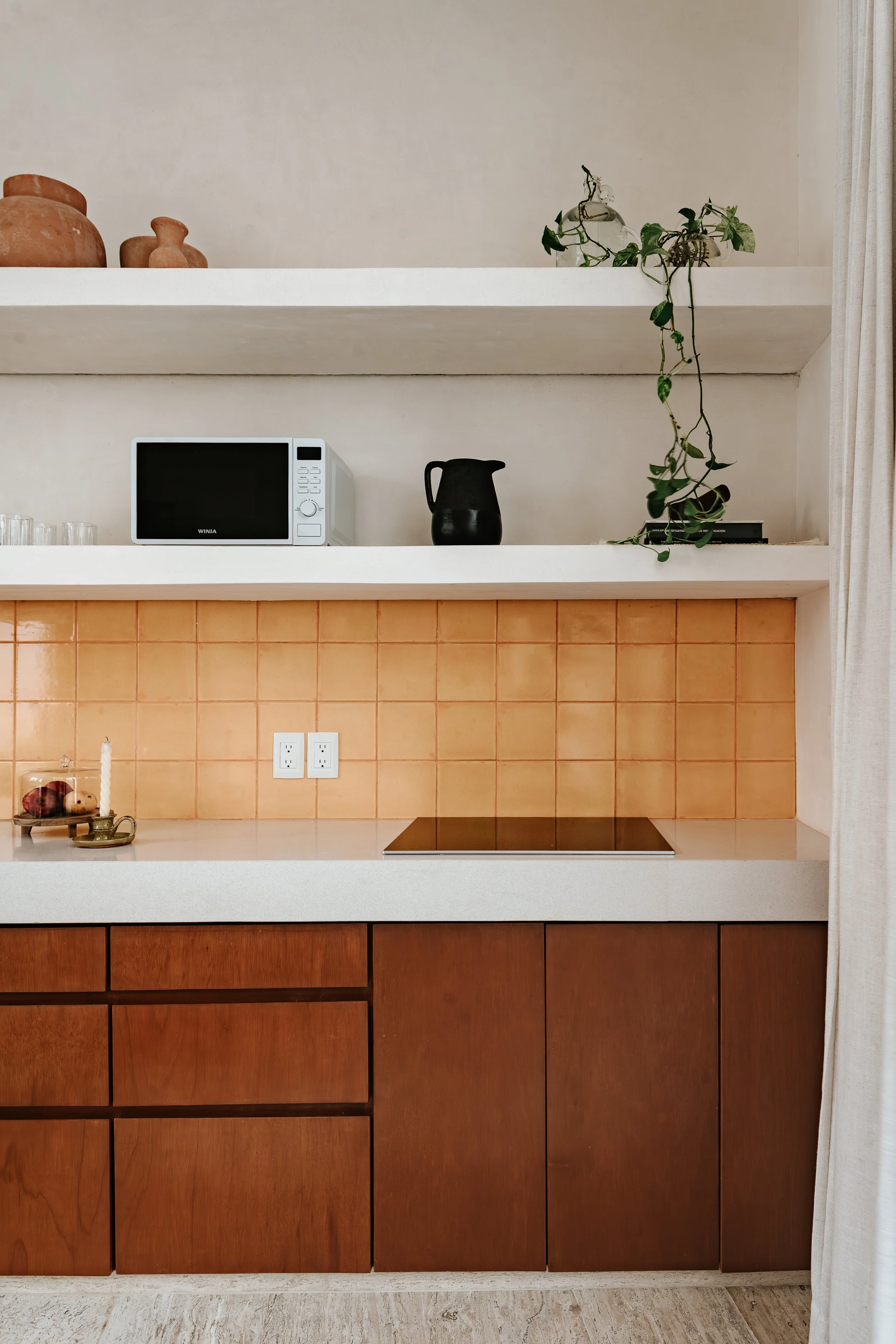 Kitchen with wooden cabinets, orange tile backsplash, white countertop, microwave, black pitcher, and a small potted plant on a shelf.