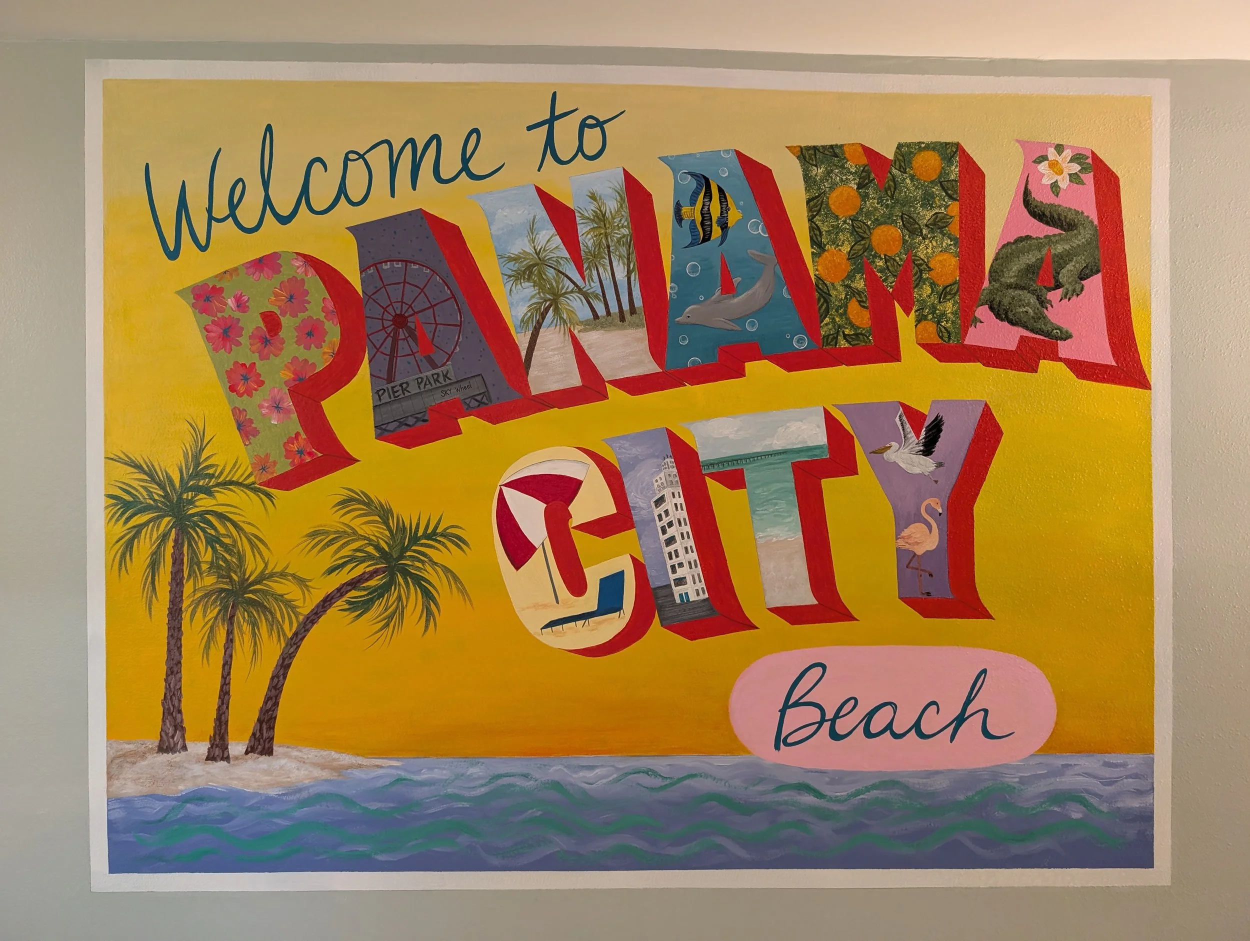 Panama City Beach Postcard Mural, Panama City Beach Selfie wall, AirBnB Mural