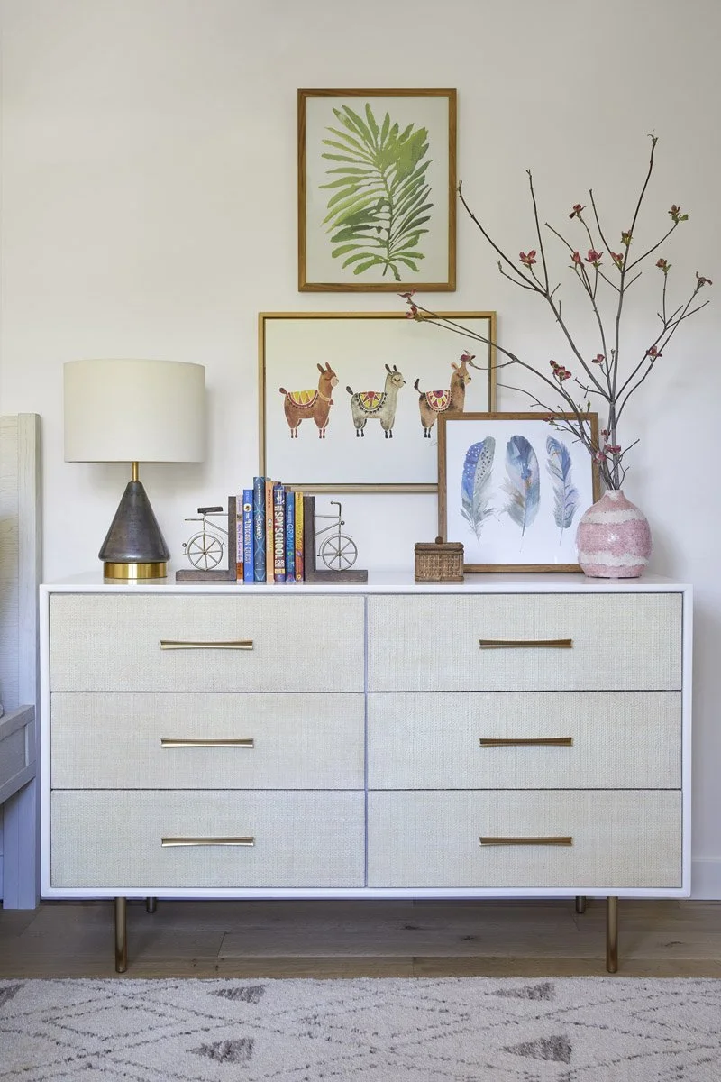 white dresser styled with a lamp, books and framed animal art
