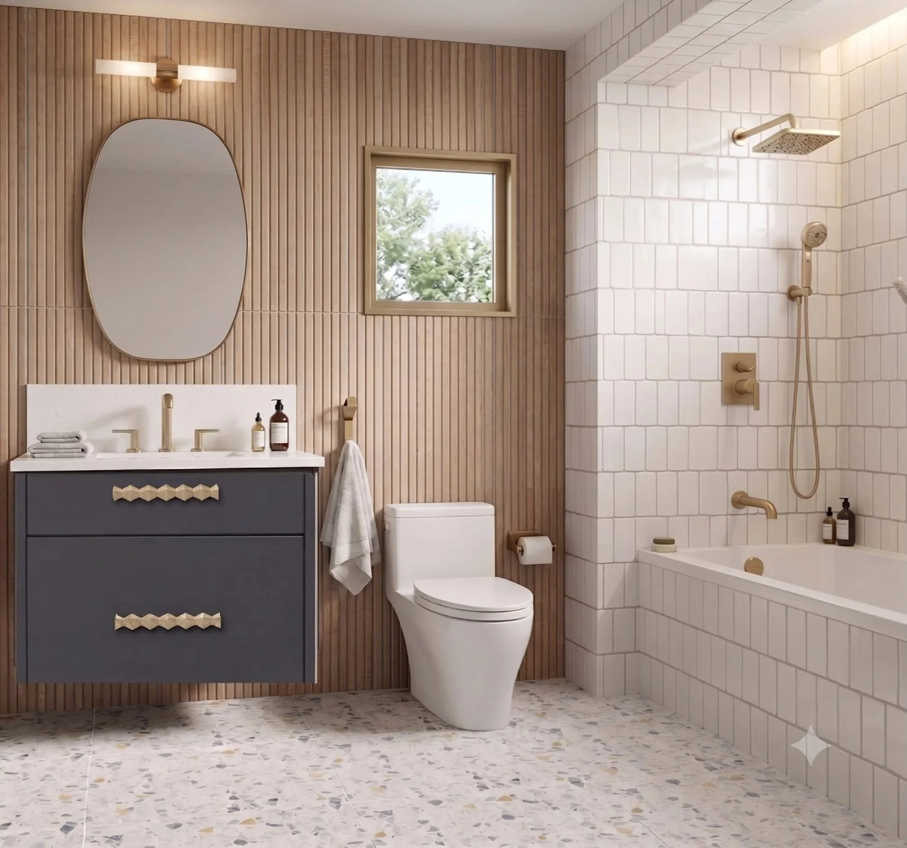 bathroom rendering with fluted wood wall, charcoal floating vanity and tiled bath