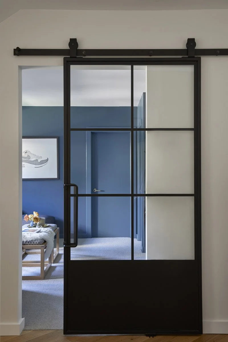 black steel glass sliding door opening into a blue family room