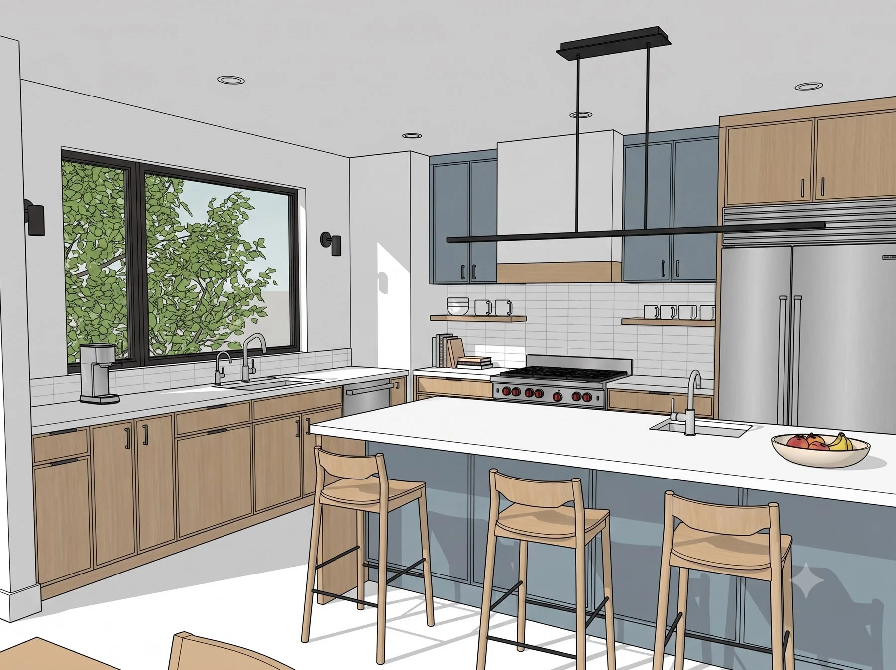 kitchen rendering with white oak cabinetry, blue island and black linear pendant