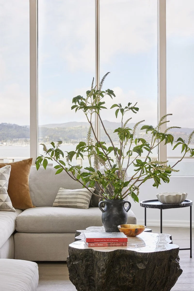 living room with large potted branches and water views through floor-to-ceiling windows