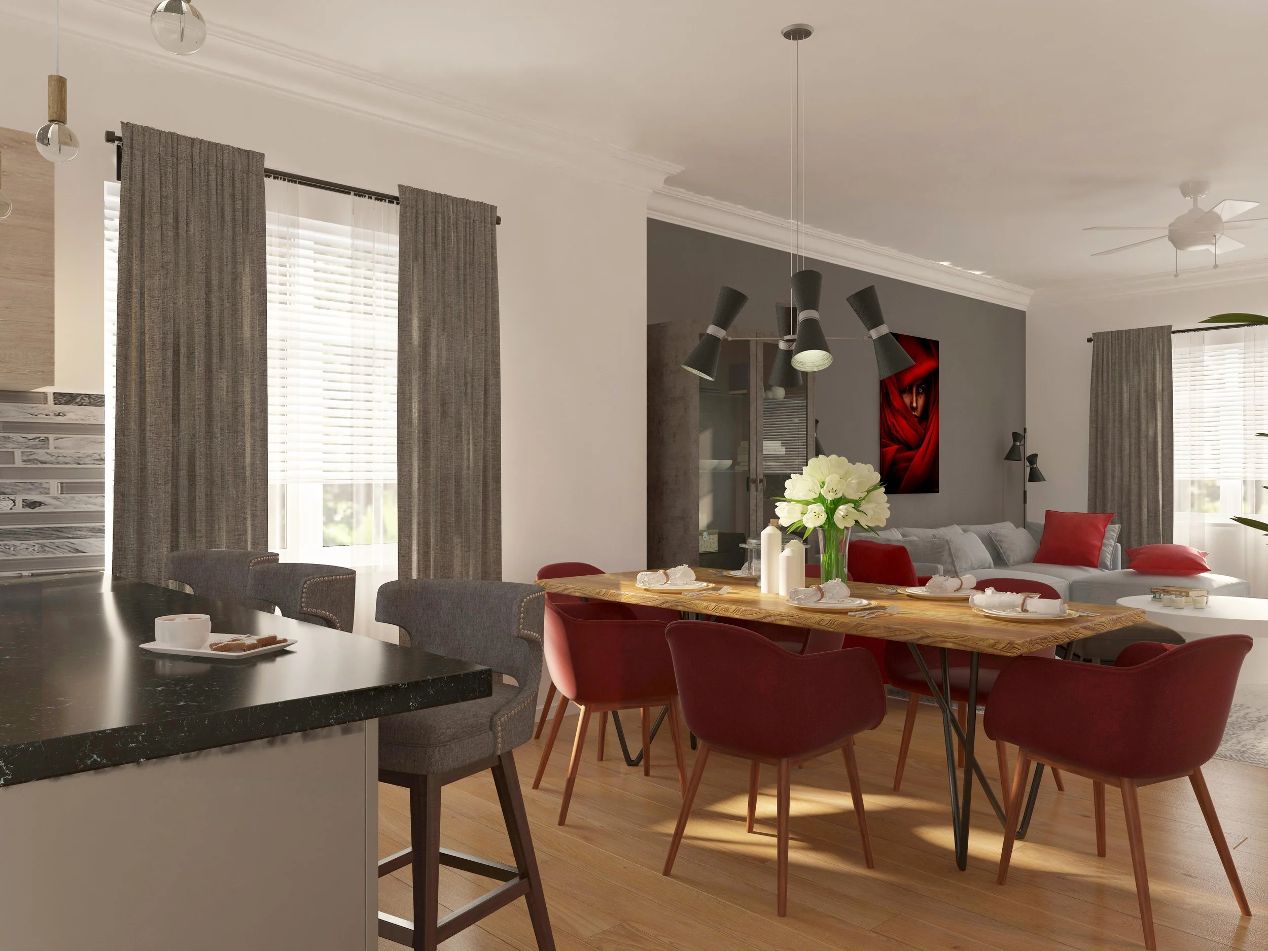 Elegant Minimalist Open-Concept Living Room and Kitchen Design