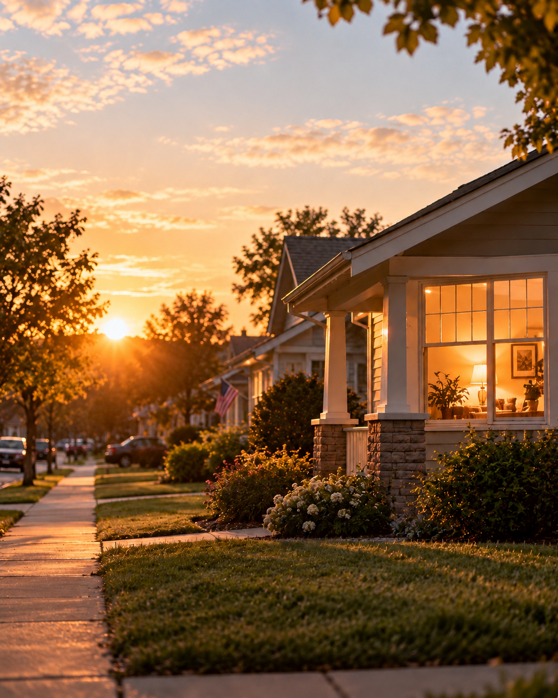 Suburban neighborhood with a porch-lined house, blooming gardens, and glowing windows at sunset
