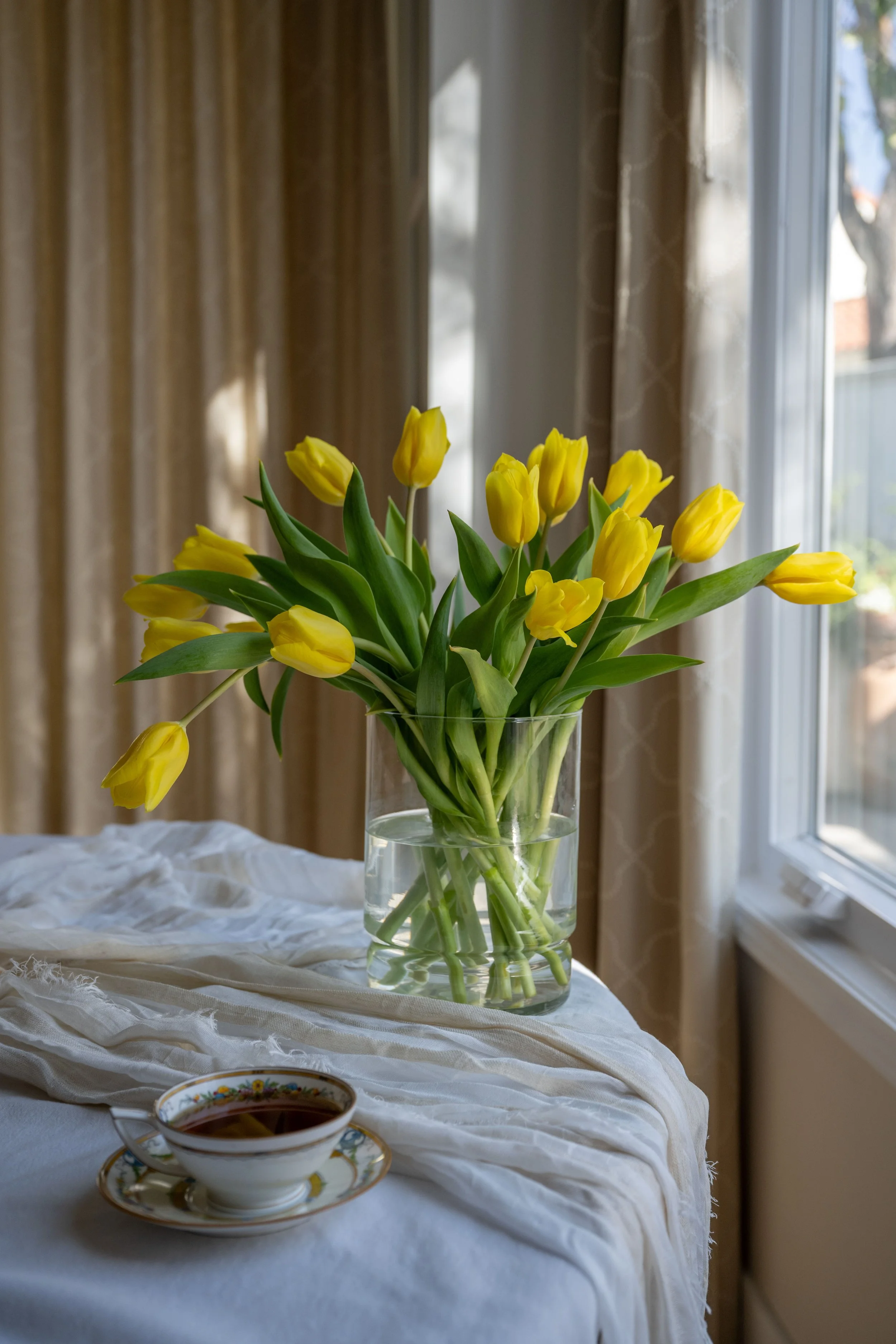 Yellow tulips and a teacup by a sunlit window