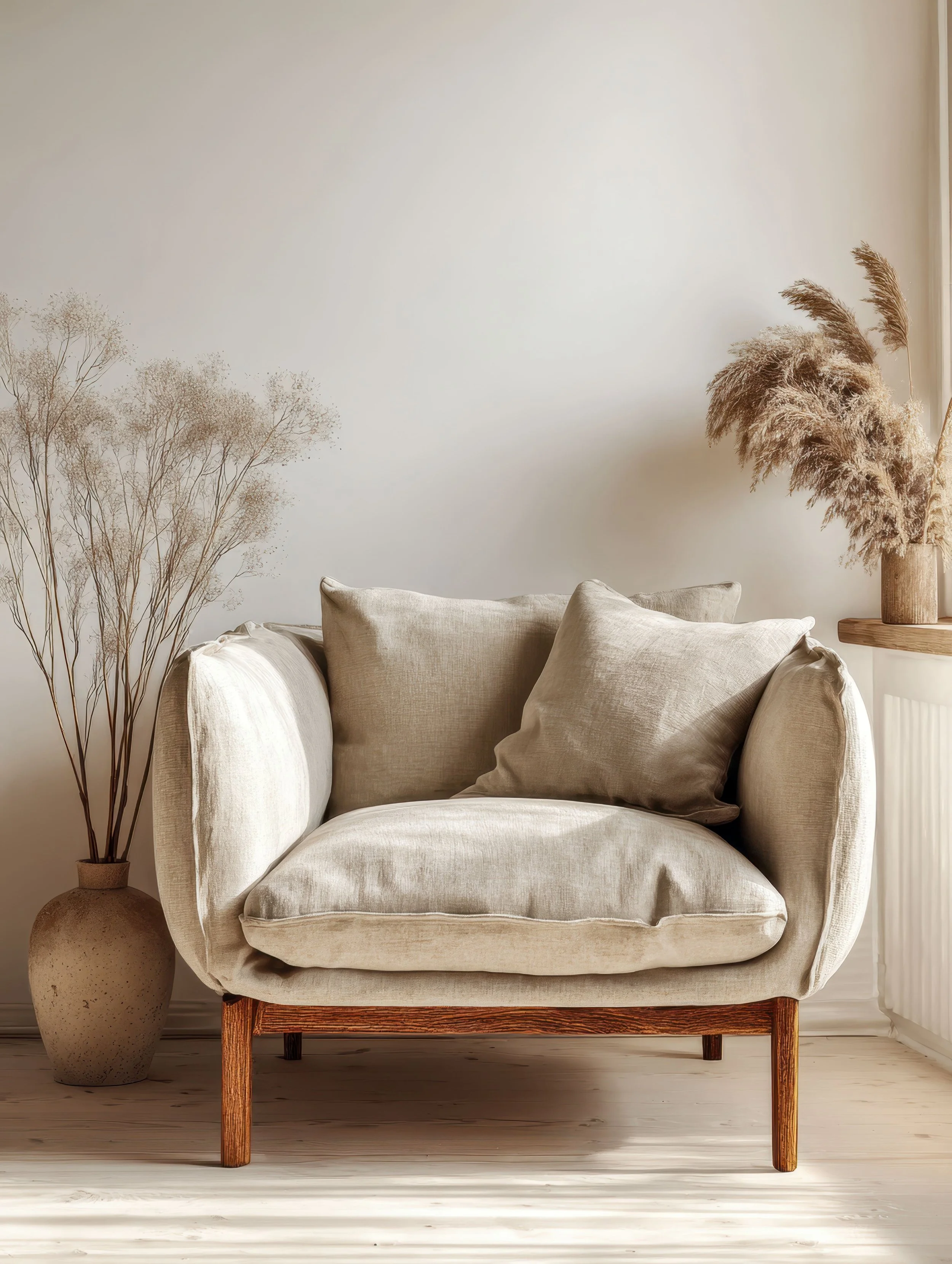 Cozy linen armchair in a warm, sunlit room