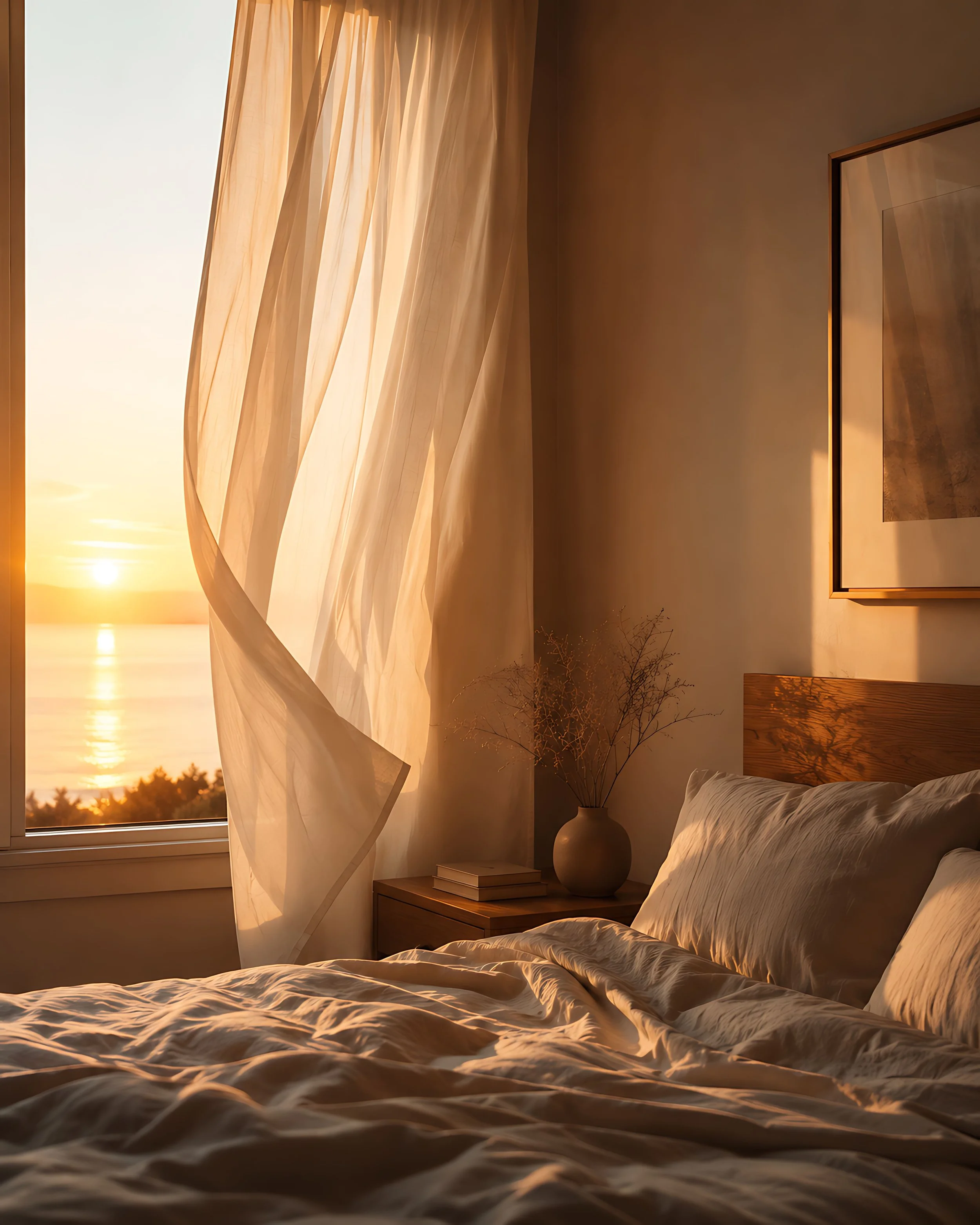Calm bedroom with soft sunset light through sheer curtains
