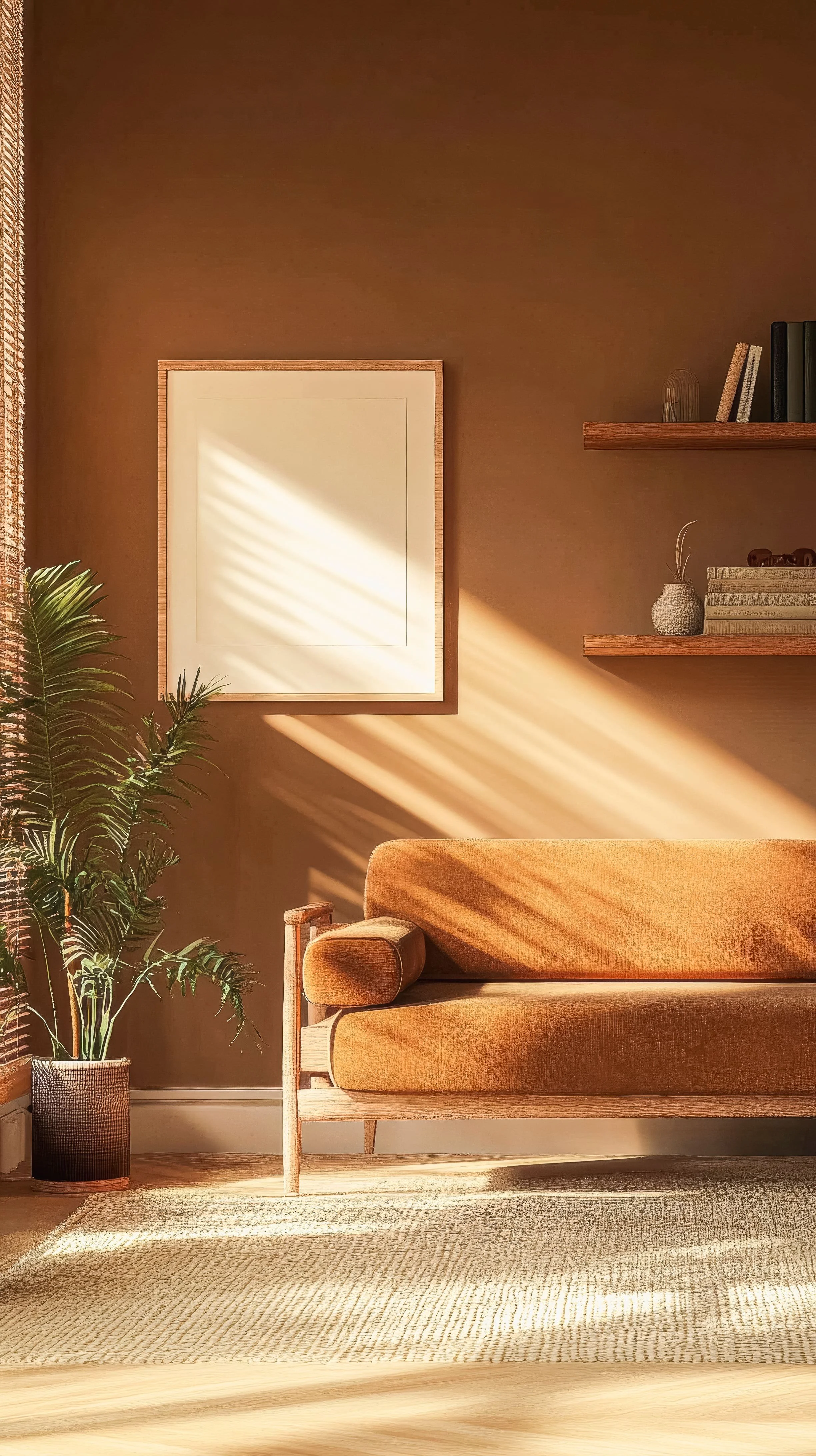 Warm, sunlit living room with a soft couch