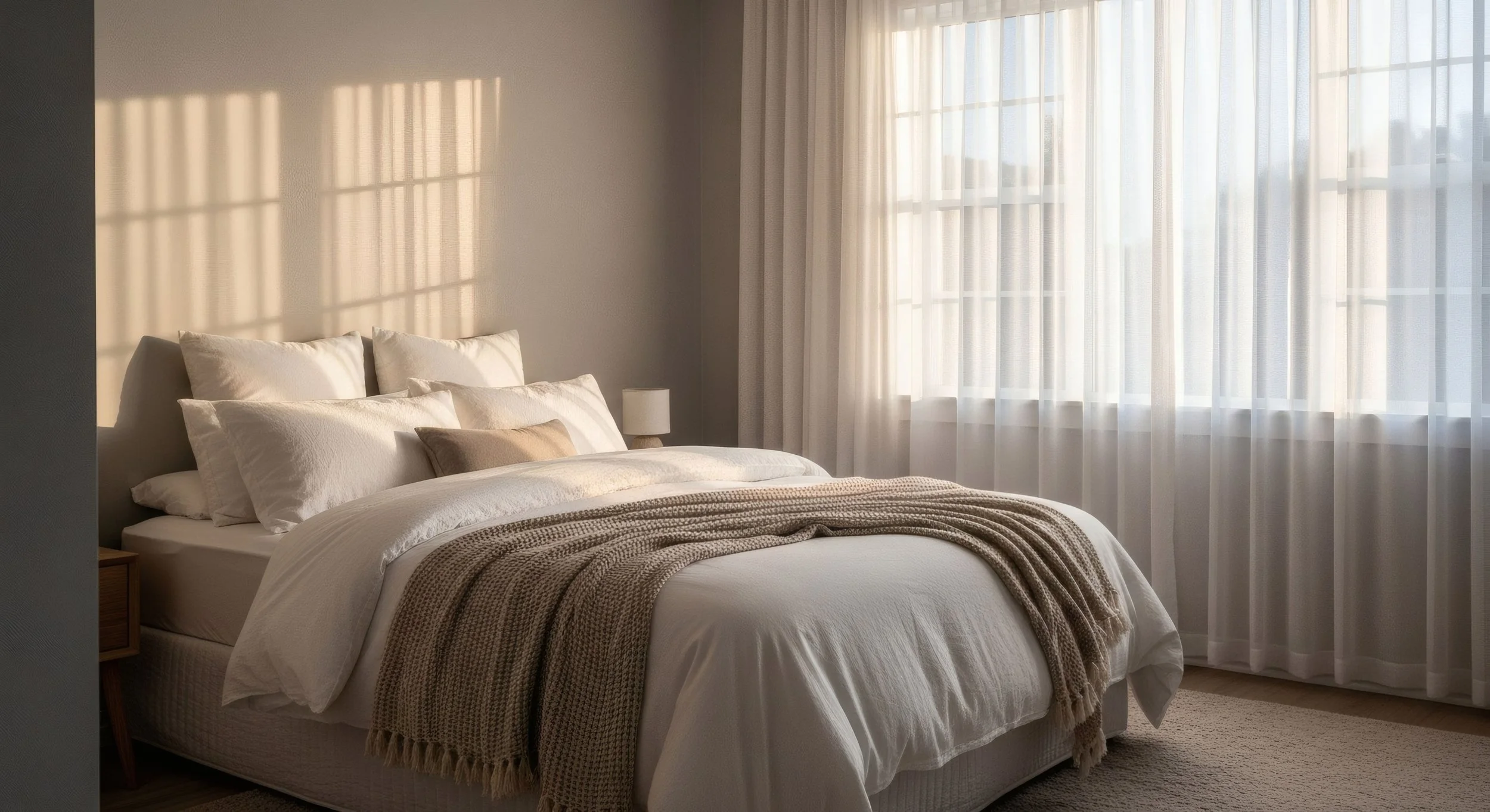 Calm, neutral bedroom with soft natural light