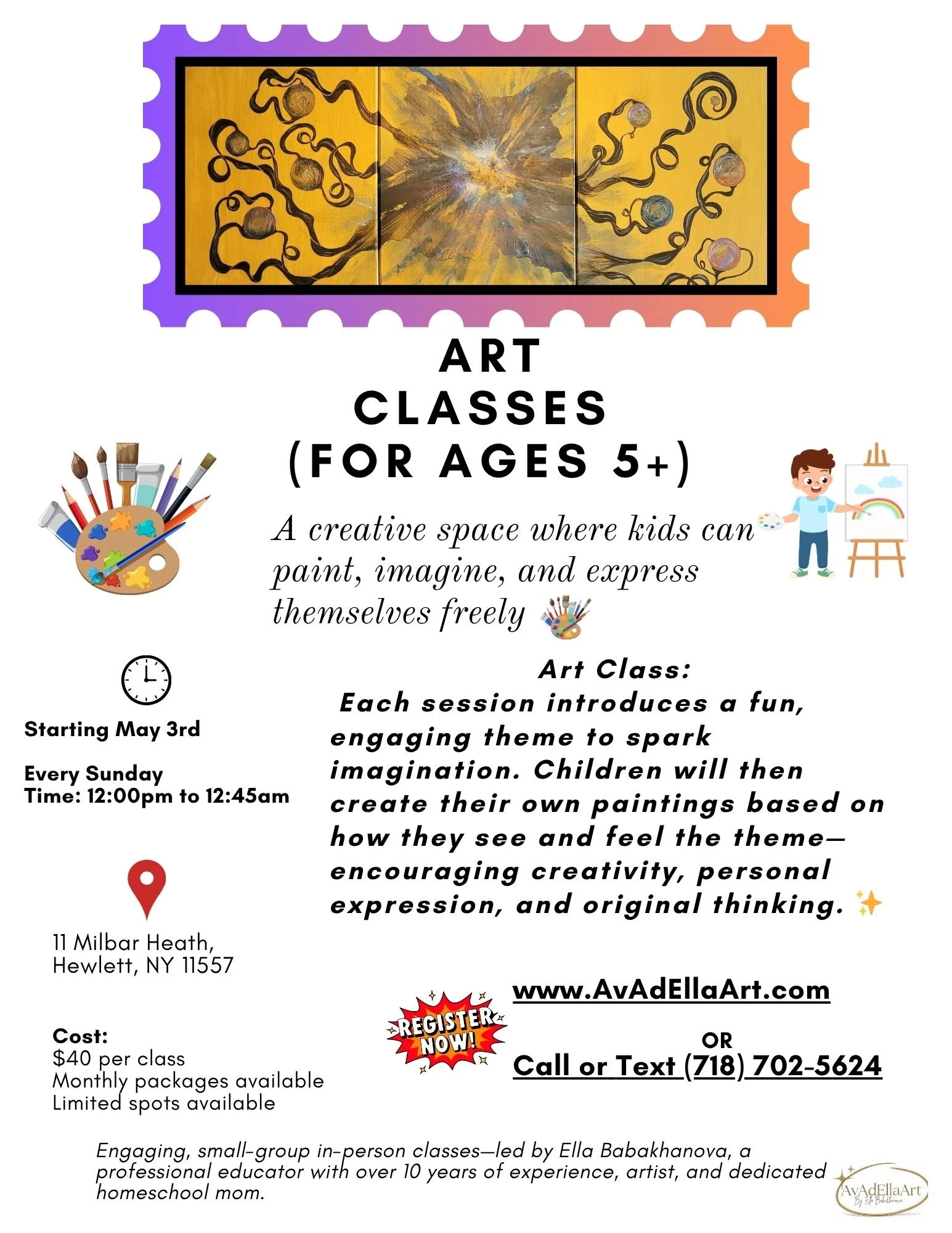 Art Exploration & Expression Class (Ages 5+) 12:00pm-12:45pm