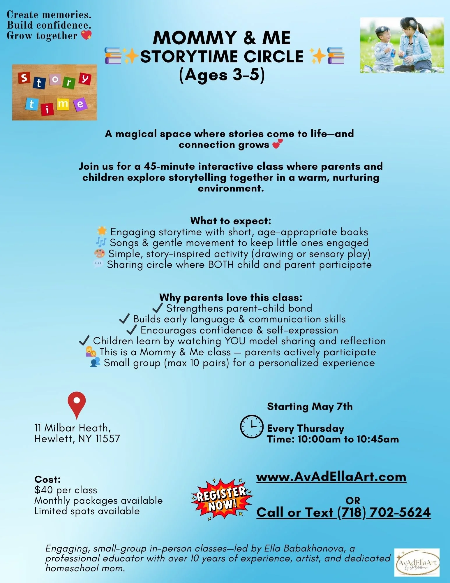 Mommy & Me Storytime Circle (Ages 3–5)  10:00am to 10:45am
