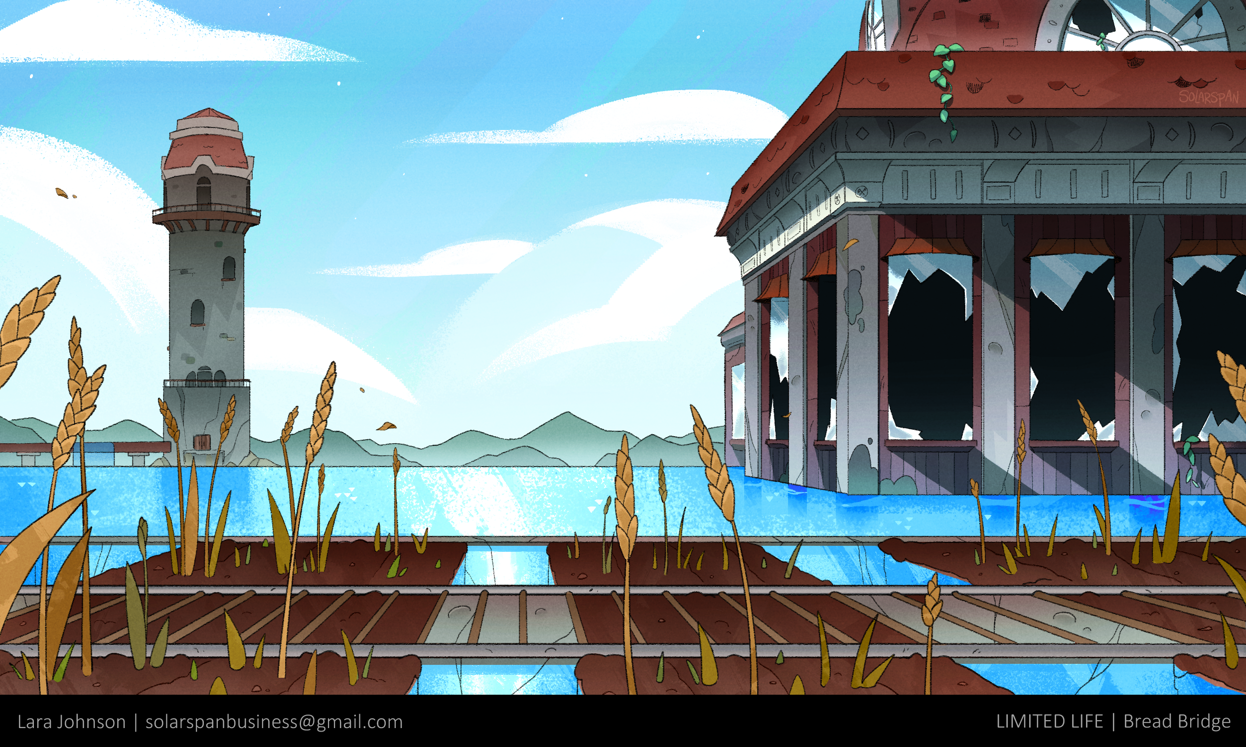 An imagining of Bread Bridge, a stretching bridge of wheat built on a flooded mansion.