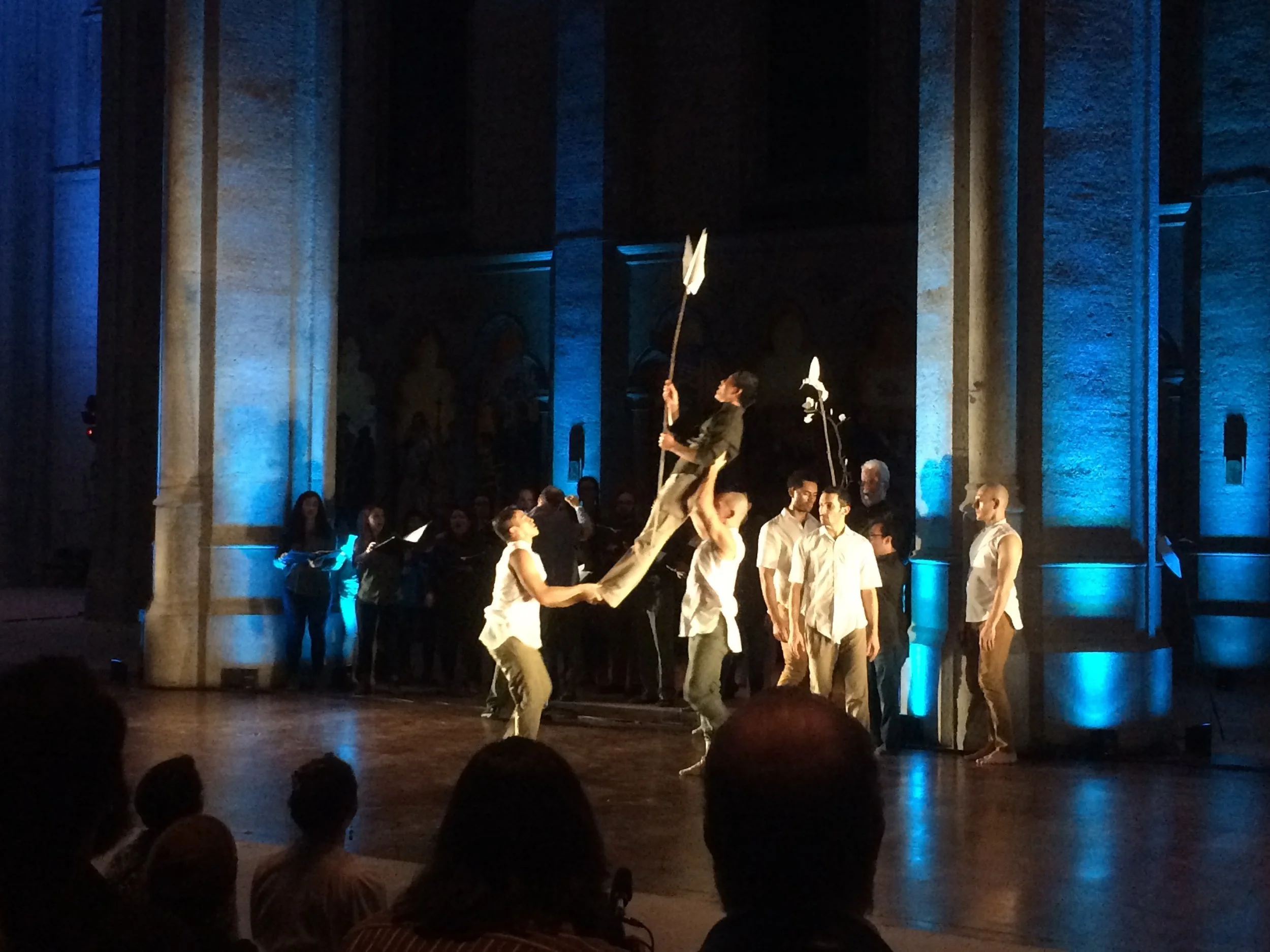 “Path of Miracles,” Movement 4, Grace Cathedral, February 2018 Volti singer Sidney Chen being carried by ODC Dancers