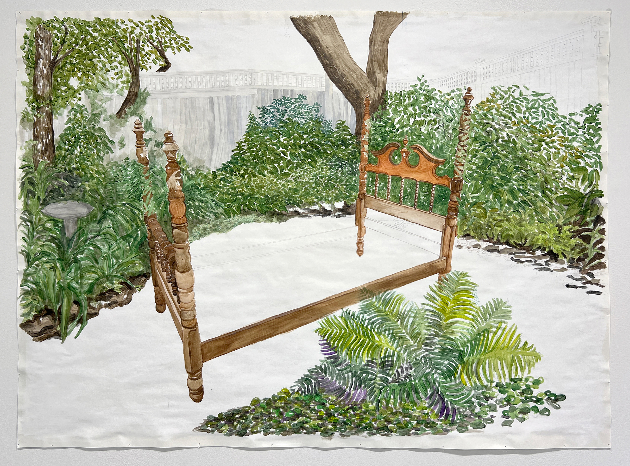 painting on paper of bed frame surrounded by plants