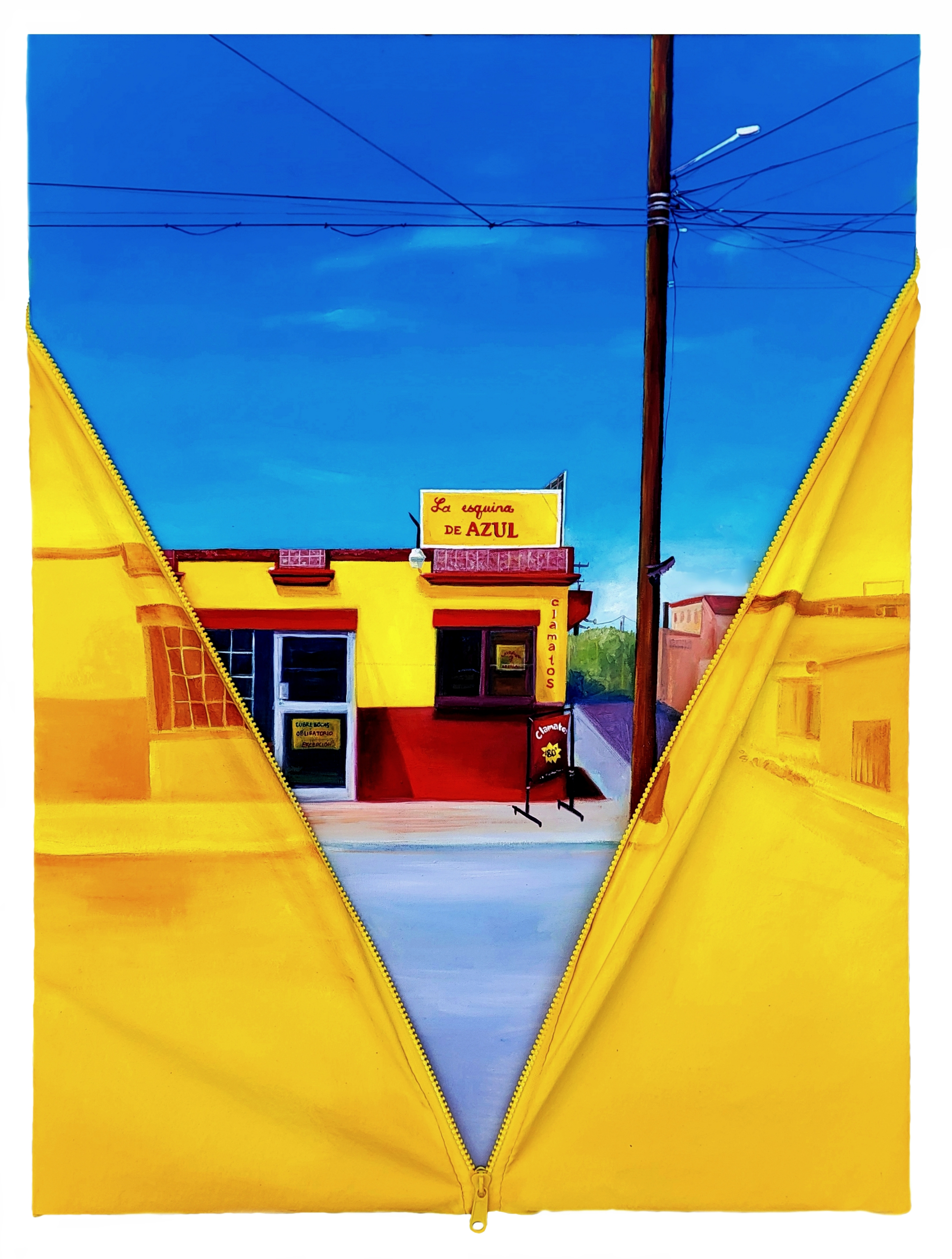 Painting of store with yellow fabric open on left and right side