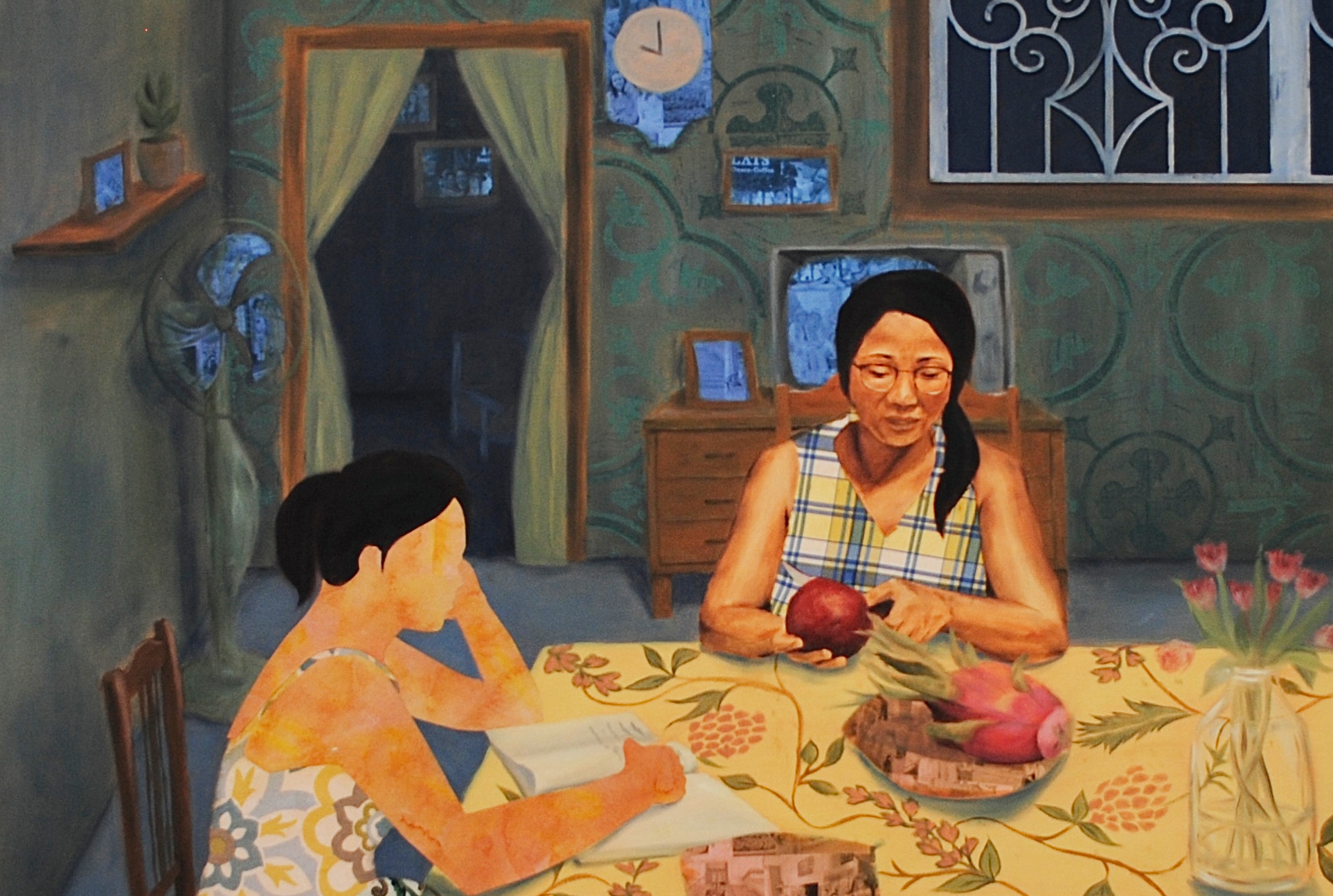 painting of two people sitting around a dining table