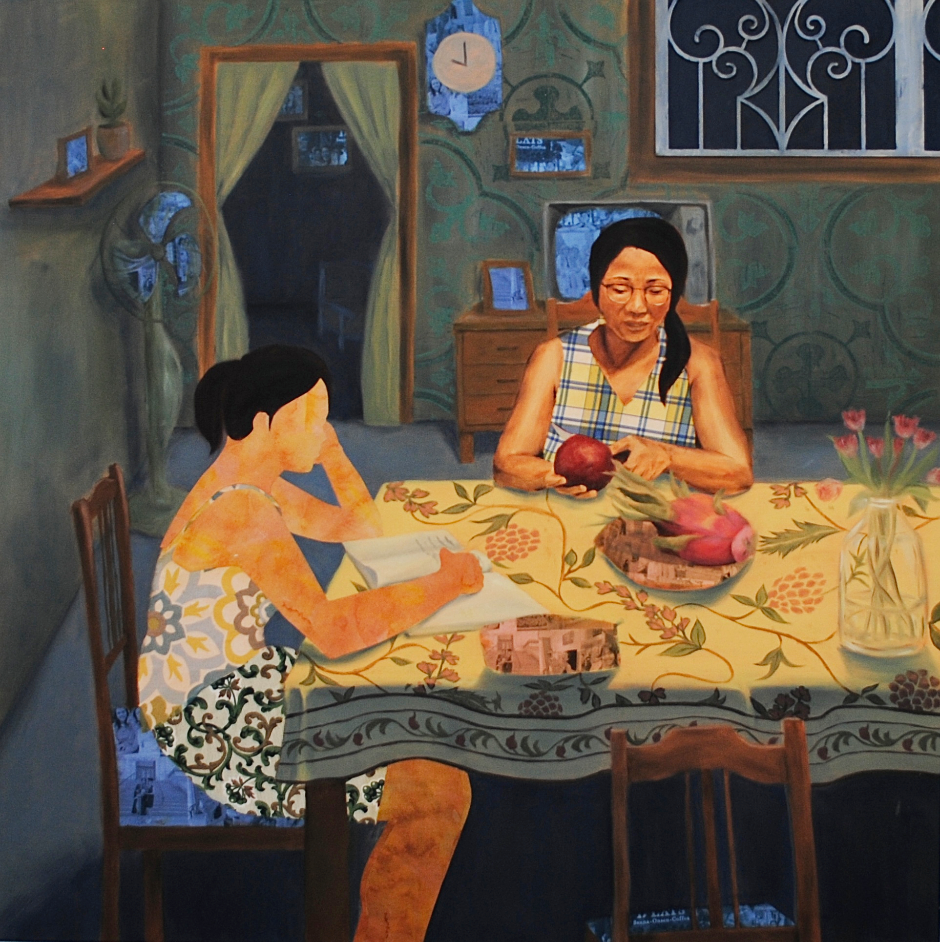 painting of two people sitting around a dining table