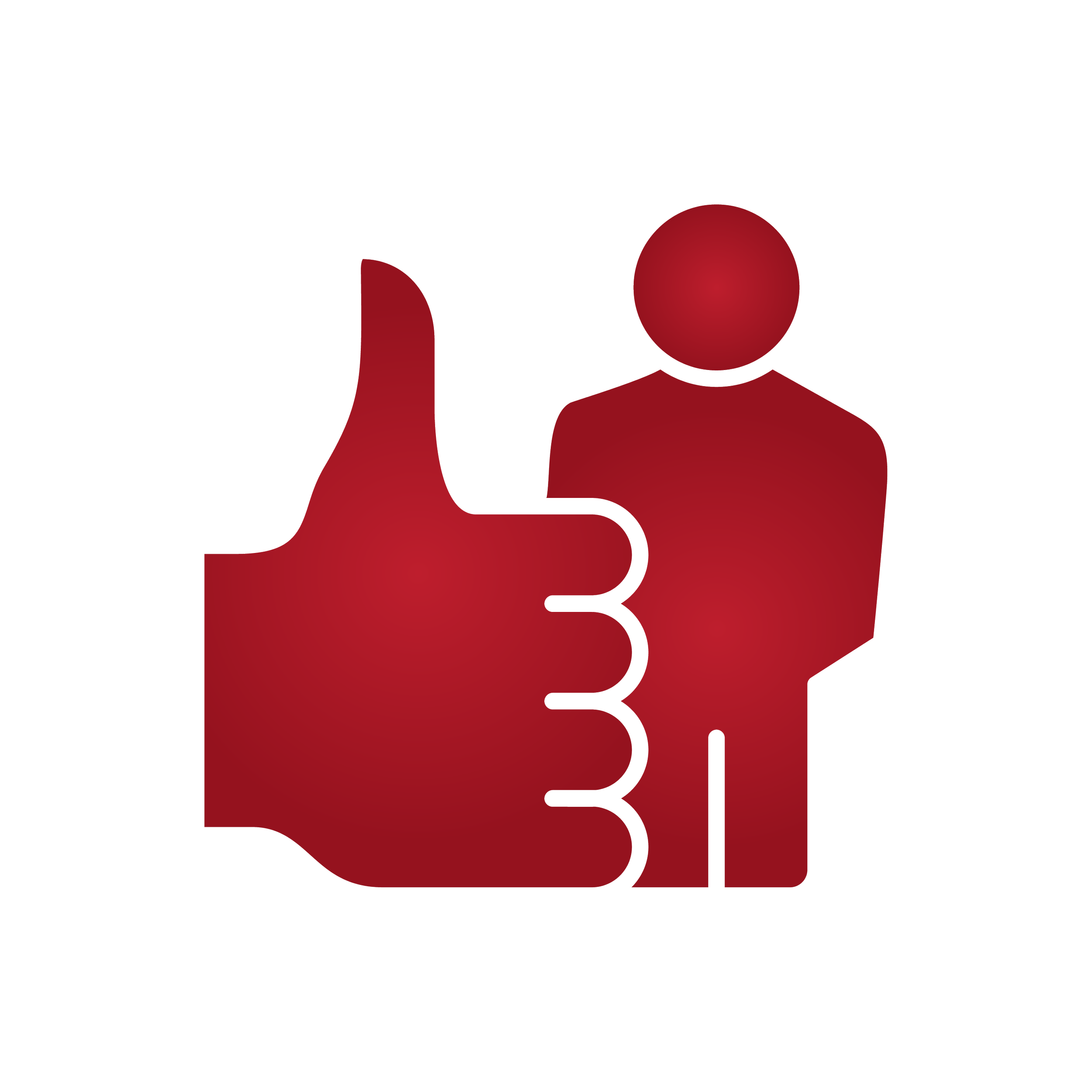 A red icon of a person standing beside a large thumb-up sign, symbolizing approval or positive feedback.