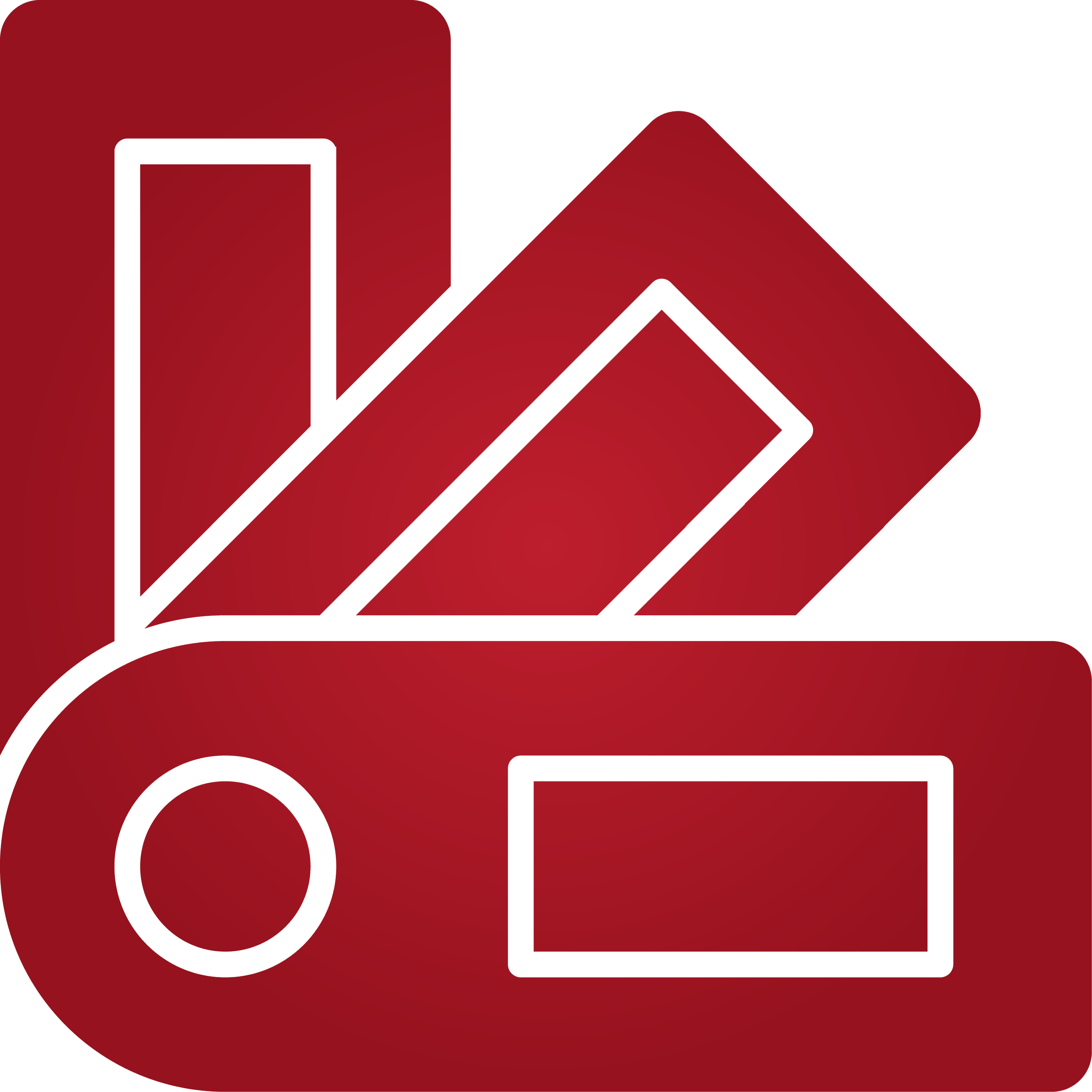 Red and white logo featuring stylized papers and a camera icon.