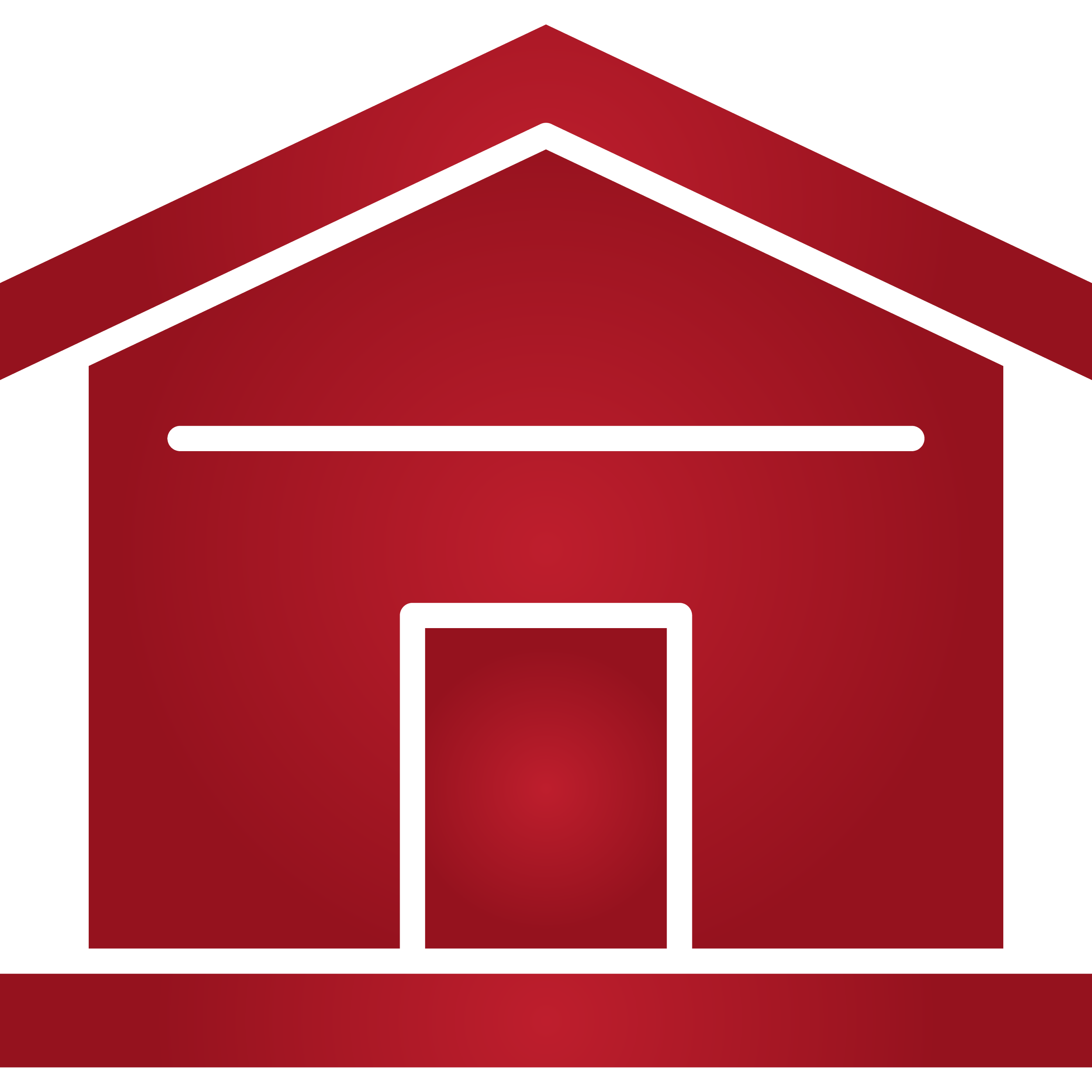 A red stylized outline of a barn with a white door in the center, set against a white background.