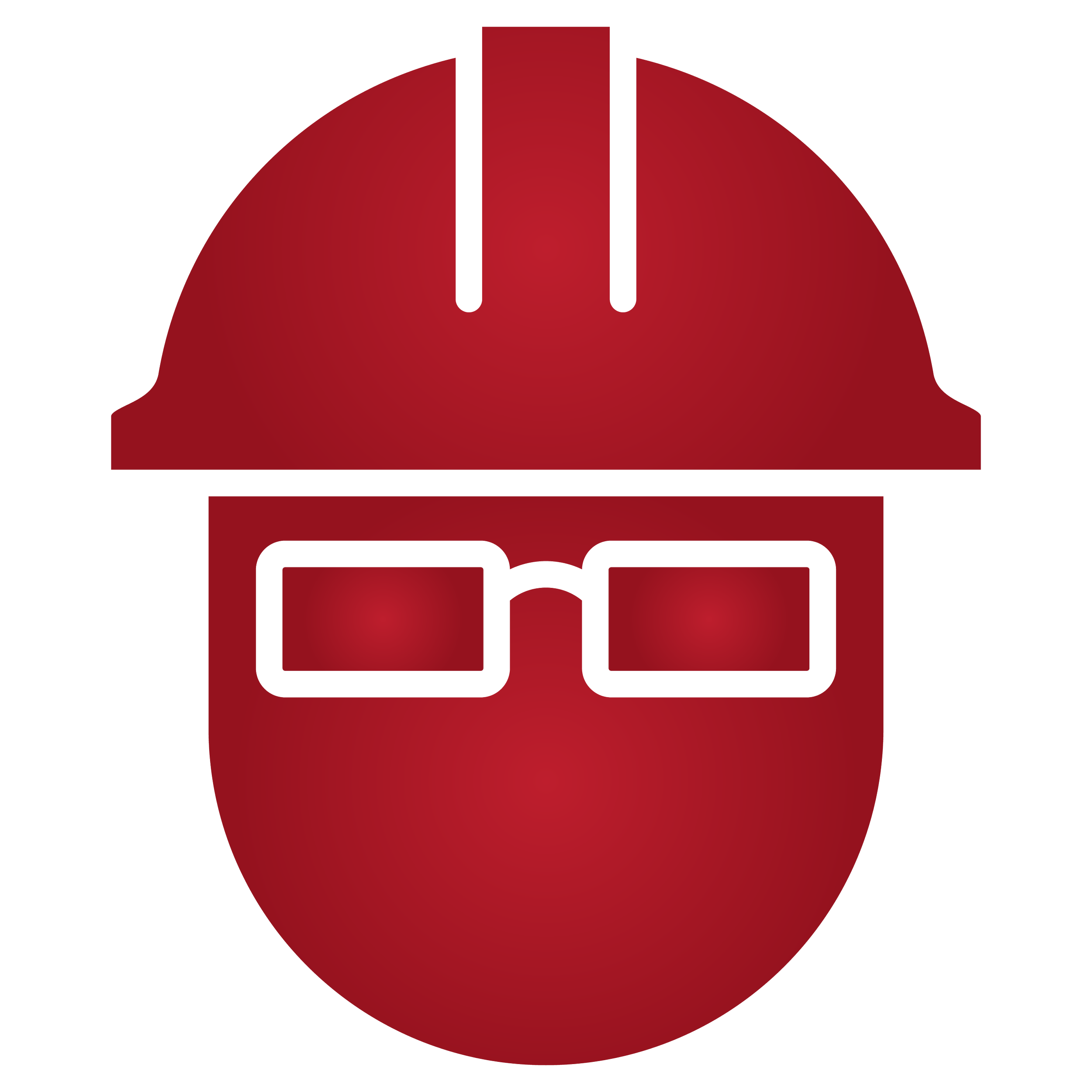 Half of a red safety helmet viewed from the side above, with a pair of glasses with one lens filled with blue liquid, split horizontally at the middle of the image.