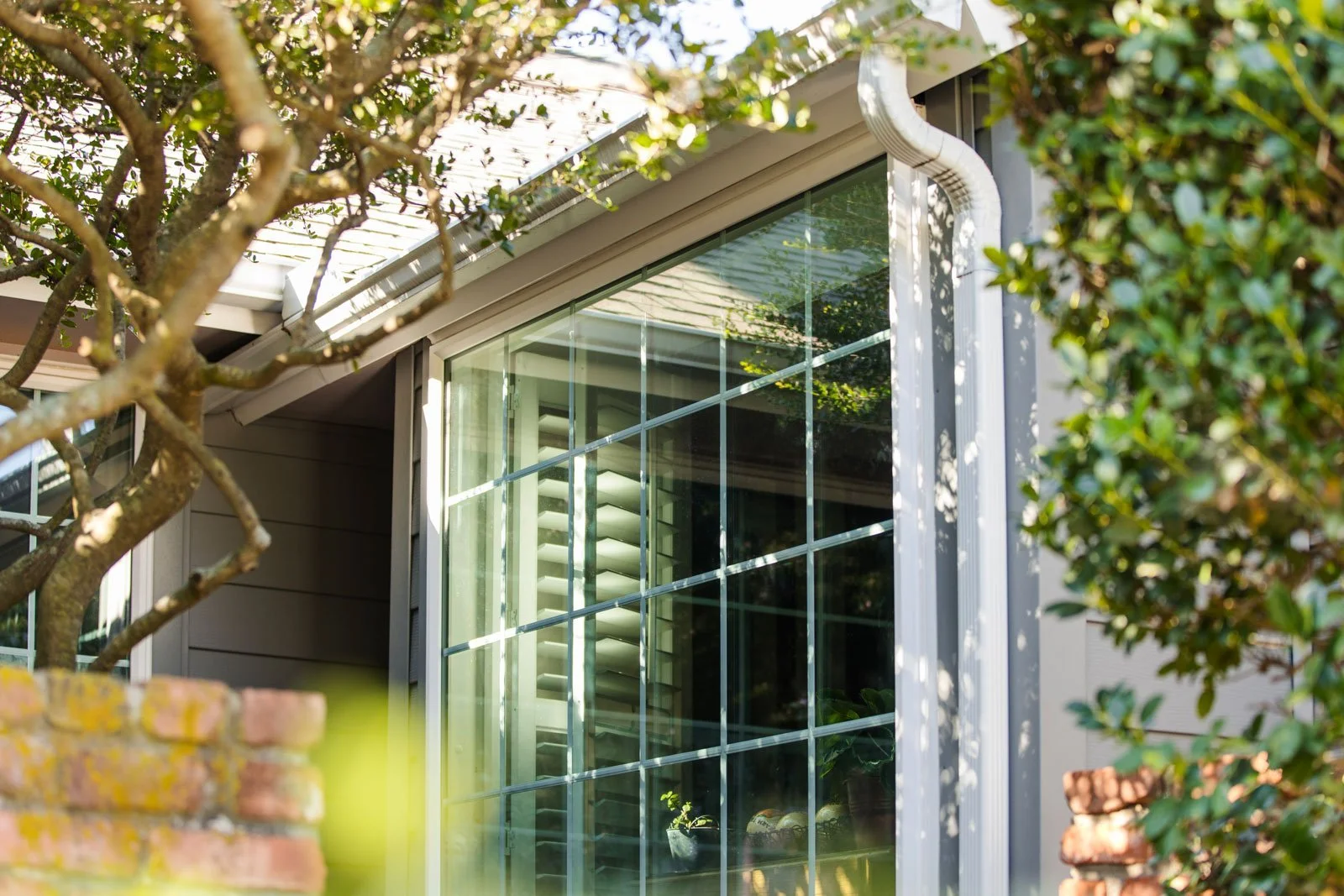 Close-up view of a modern house with large glass window, surrounded by trees and greenery, with a brick wall in the foreground.