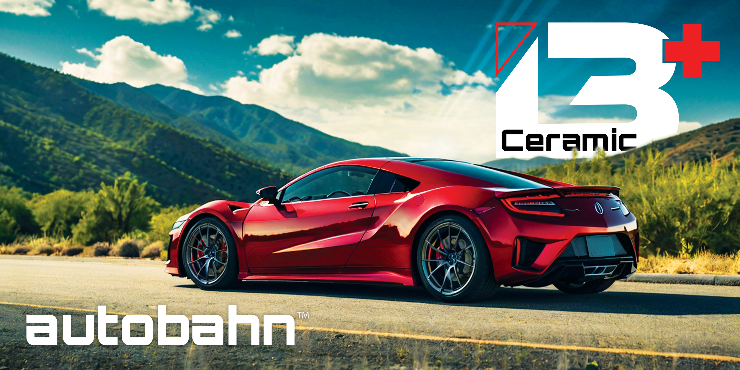 A red sports car on the road with mountains and a partly cloudy sky in the background. The image has the text '13 Ceramic' and 'autobahn' overlayed.