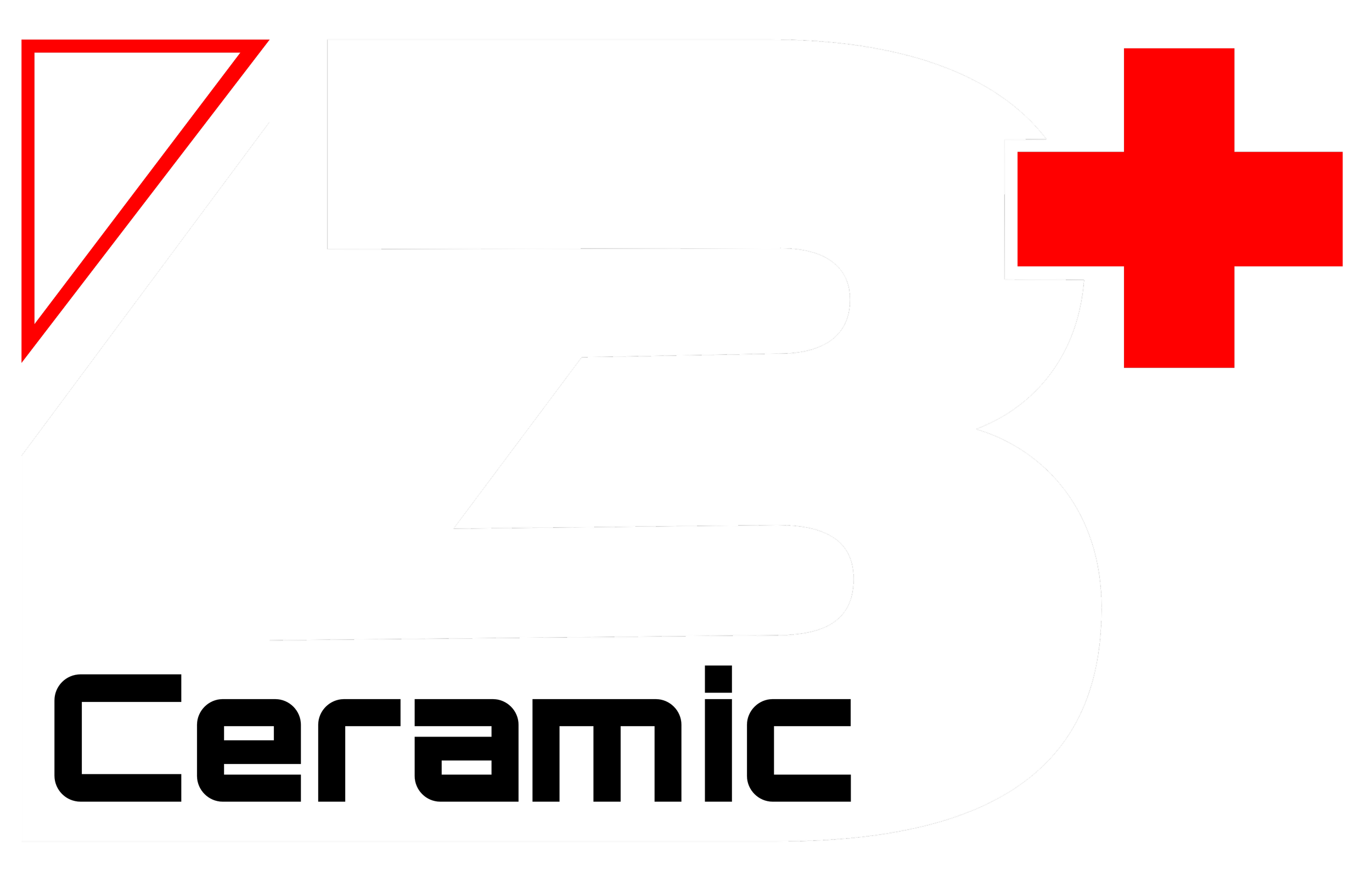 Logo for 'L3 Ceramic' featuring a large black and white stylized 'L3' with a red plus sign and a small red triangle with green diamond lines in the top left corner.
