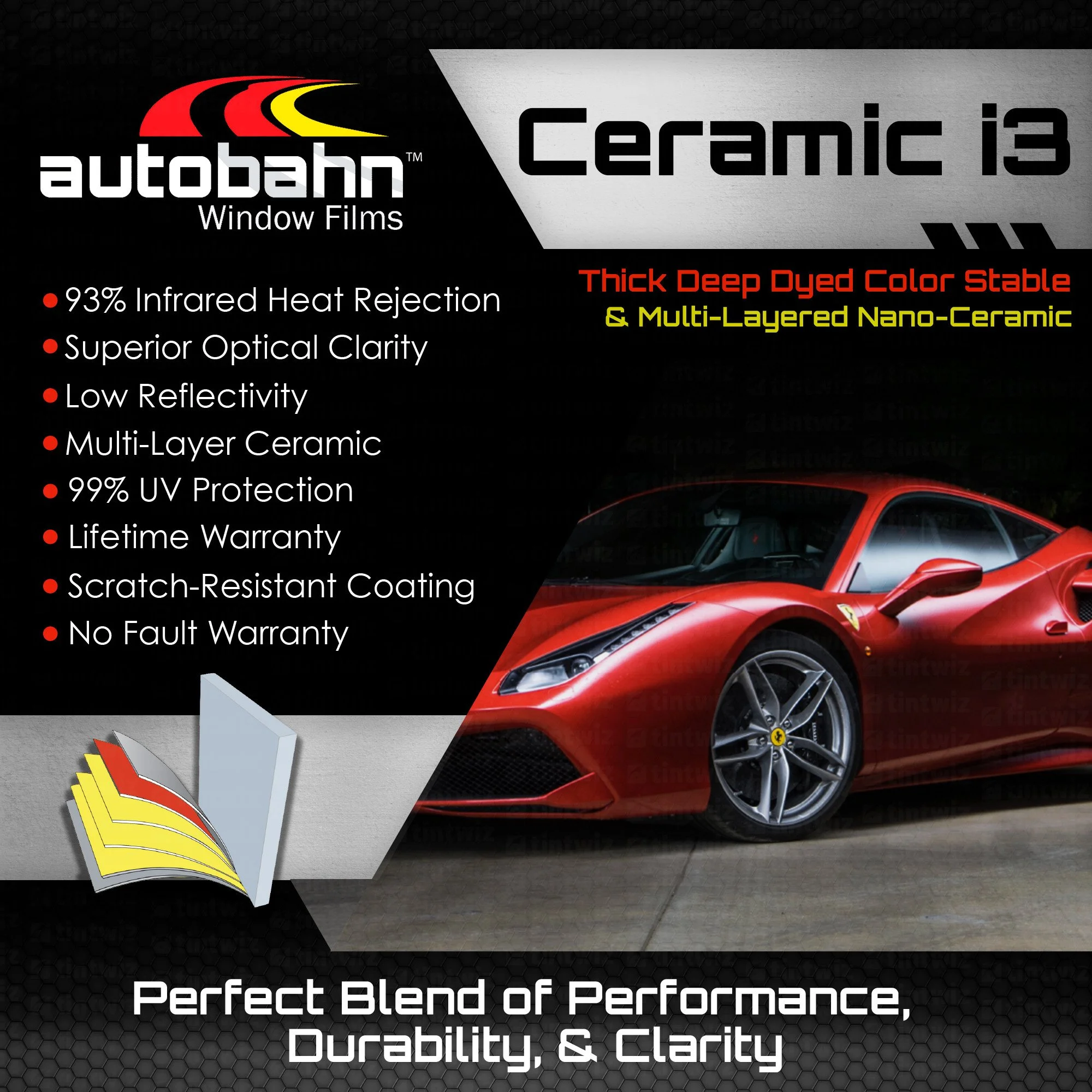 Advertisement for Autobahn ceramic window film featuring a red sports car, with product benefits listed such as infrared heat rejection, optical clarity, and UV protection, along with a small image of the film samples.