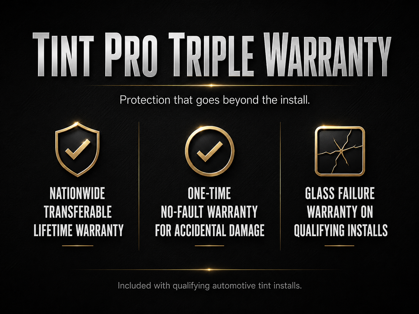 Tint Pro Triple Warranty coverage for qualifying automotive window tint installs in Northwest Arkansas.