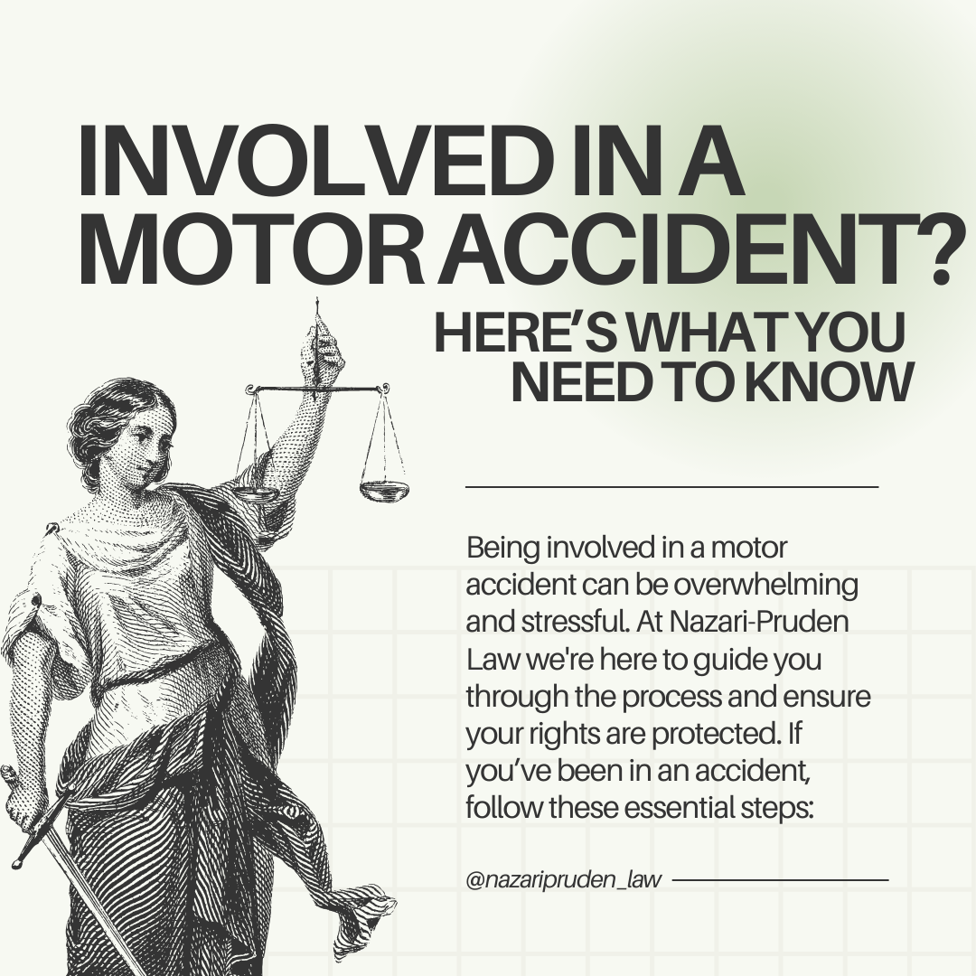 Graphic with text about motor accident legal guidance, featuring an illustration of Lady Justice holding balance scales and a sword.