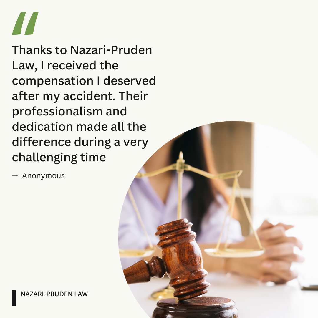 A quote from an anonymous person about nazari-pruden law, with a background image of a judge's gavel and a person in a white shirt at a desk, blurred in the background.